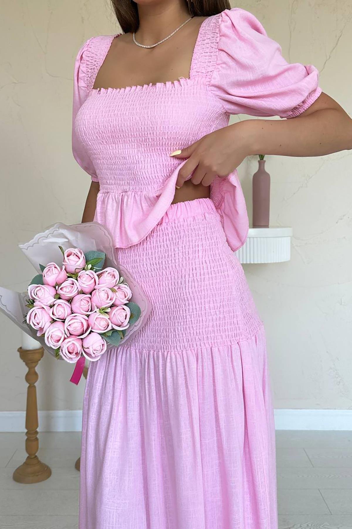 Toptan Pembe Gipeli Keten Takım