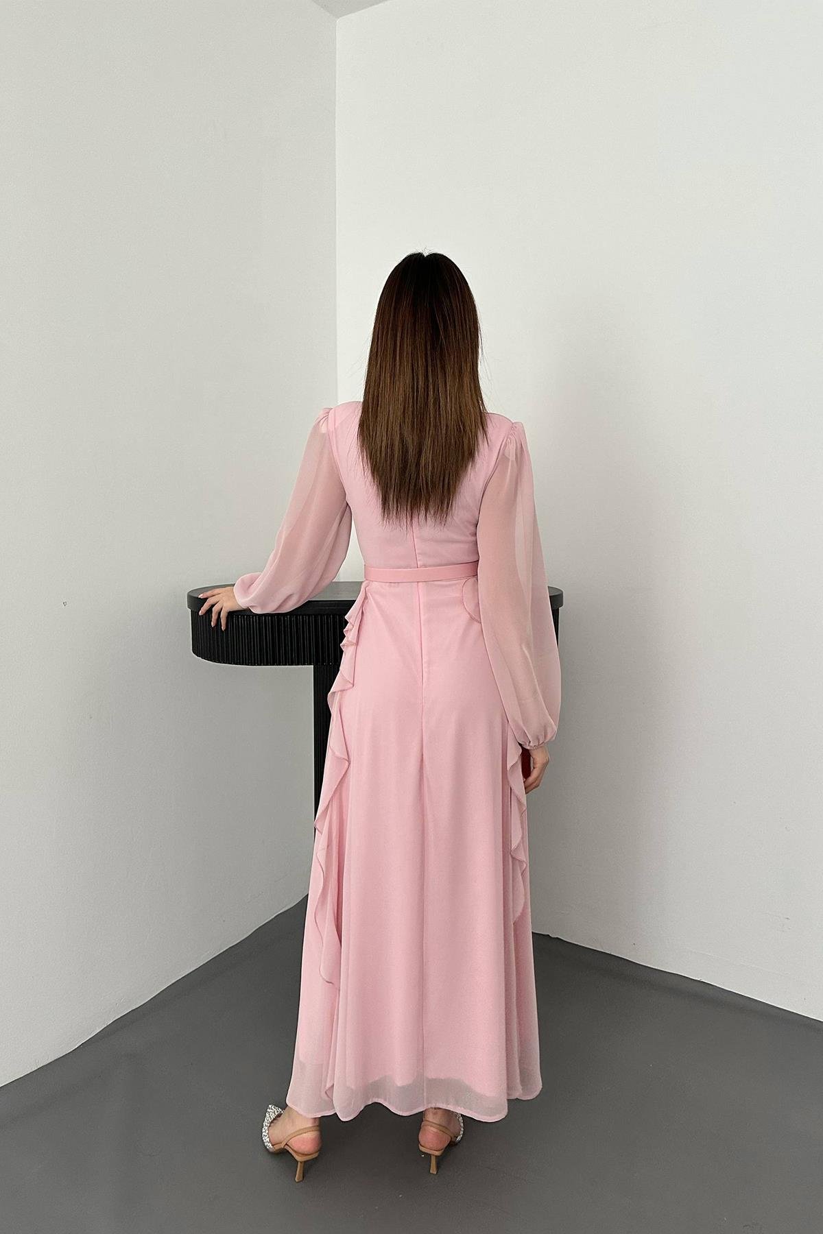 Toptan Pembe Kemerli Şifon Elbise