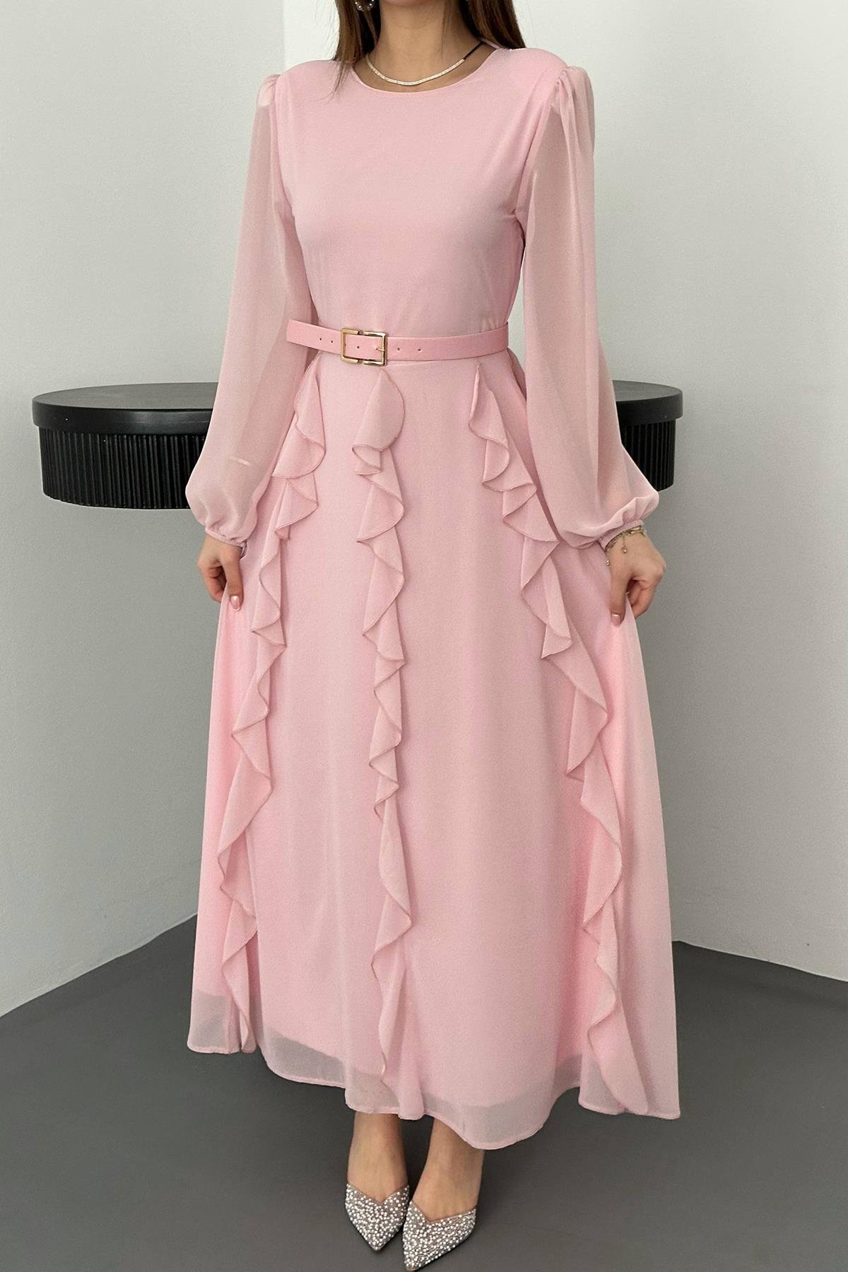 Toptan Pembe Kemerli Şifon Elbise