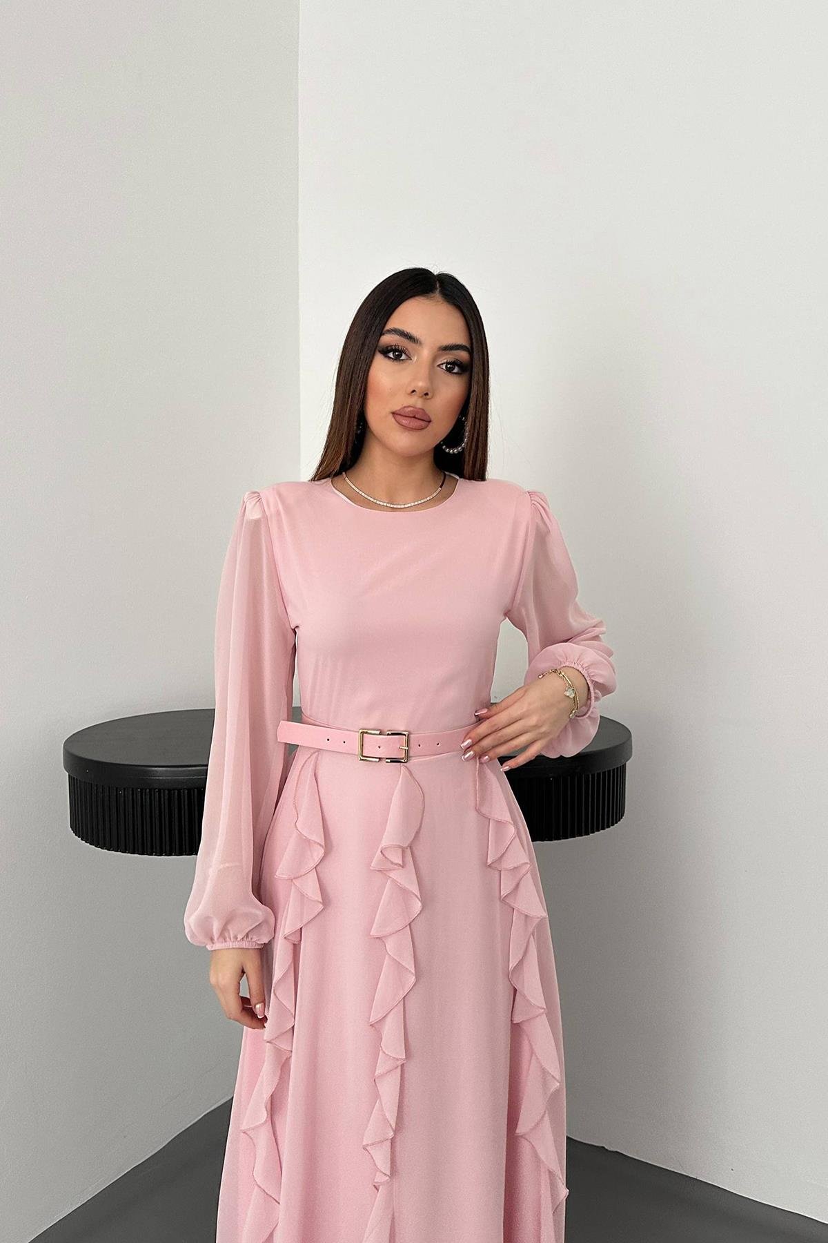 Toptan Pembe Kemerli Şifon Elbise