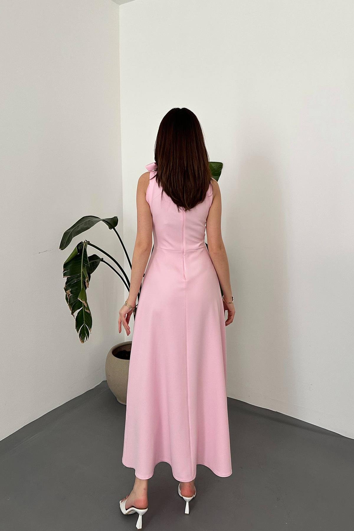 Toptan PEMBE Yaka Fiyonklu Uzun Elbise