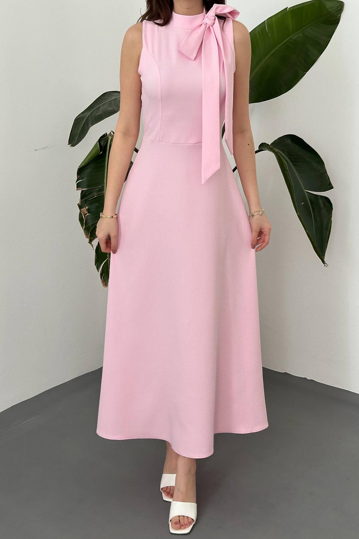 Toptan PEMBE Yaka Fiyonklu Uzun Elbise