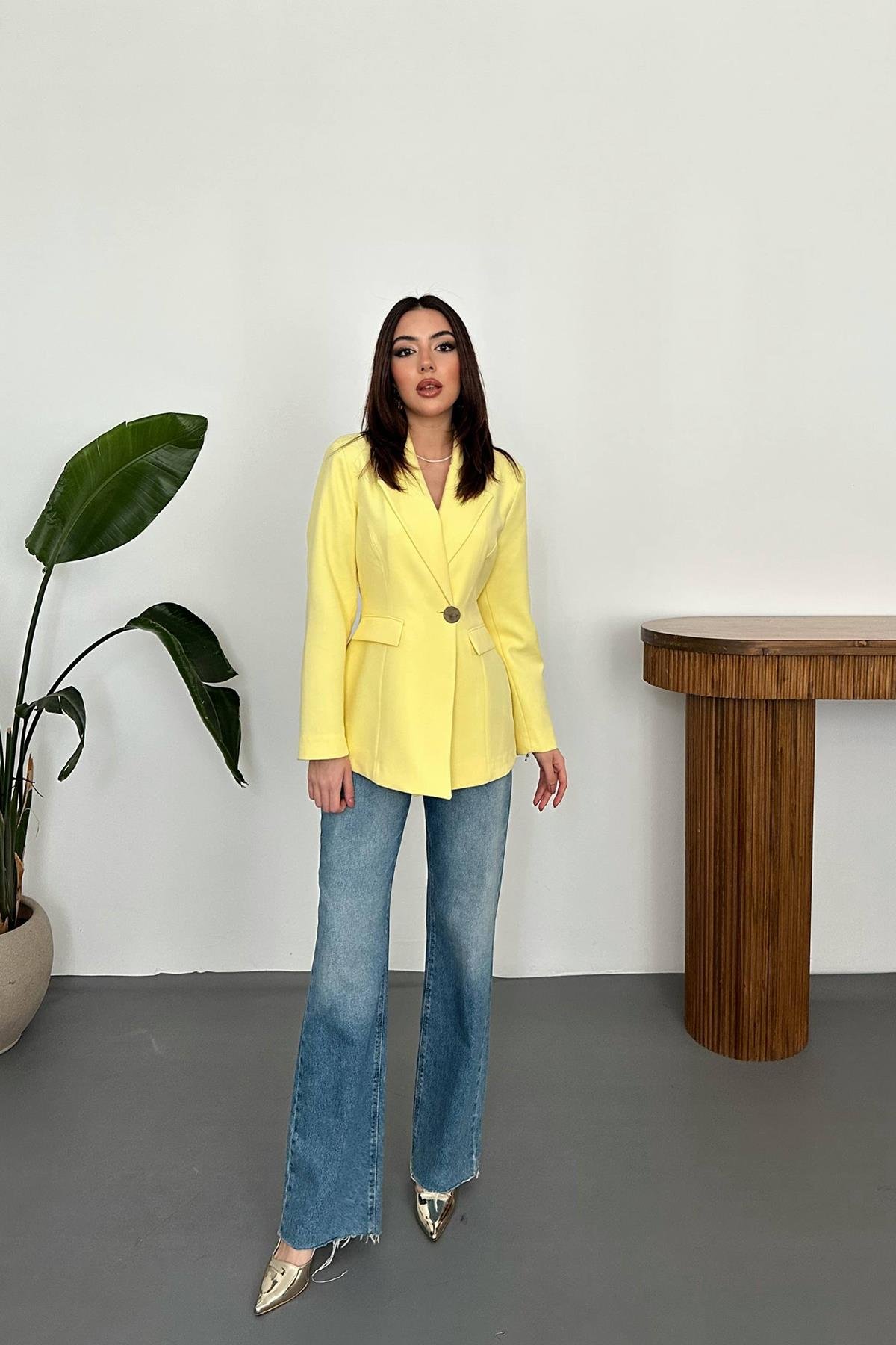 Toptan SARI Belden Oturtmalı Blazer Ceket