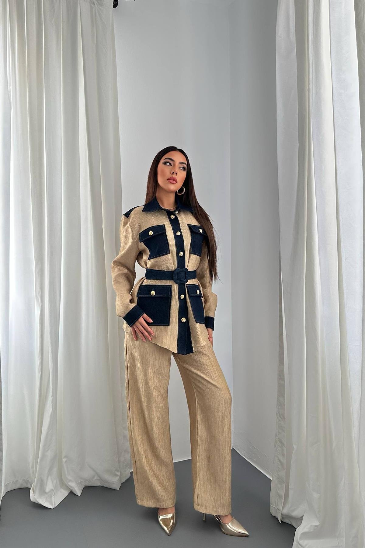 Toptan Sarı Garnili Cepli Gömlek ve Pantolon Takım