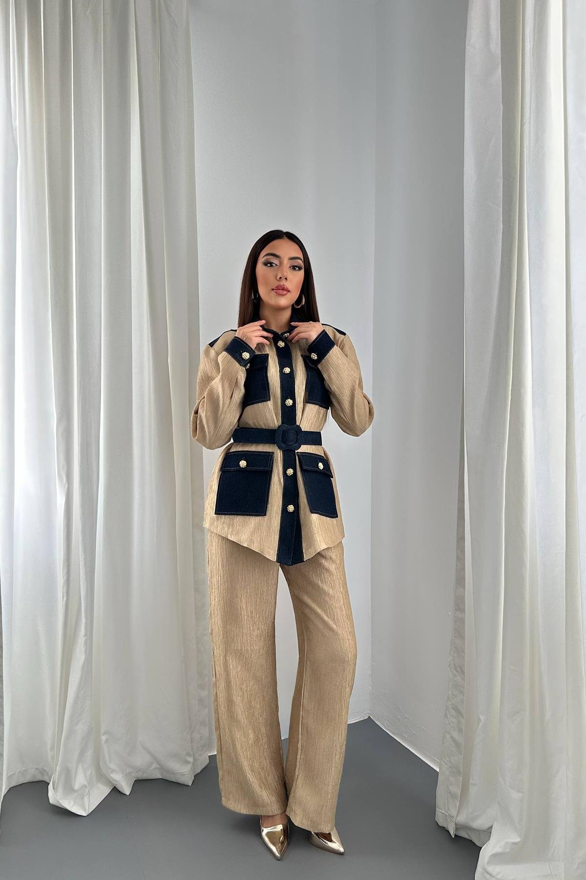 Toptan Sarı Garnili Cepli Gömlek ve Pantolon Takım