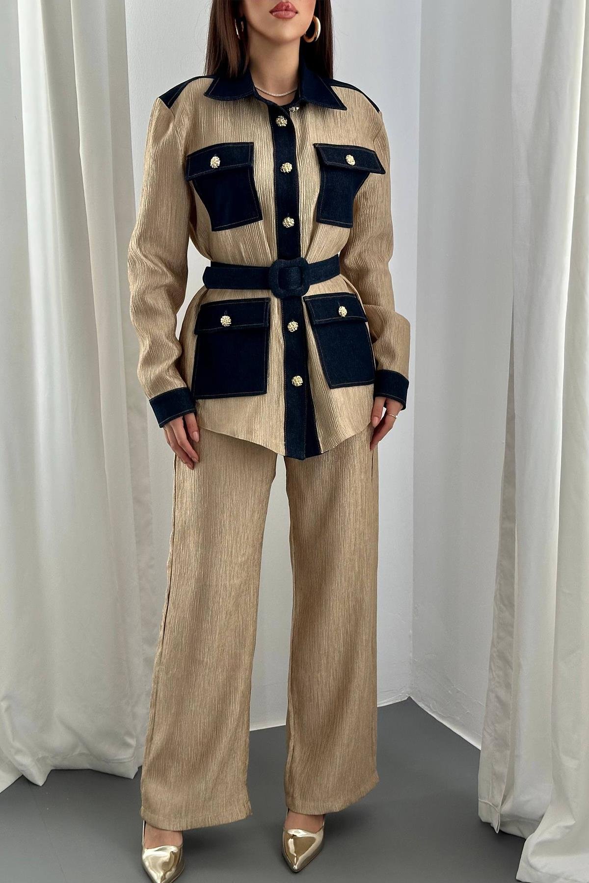 Toptan Sarı Garnili Cepli Gömlek ve Pantolon Takım