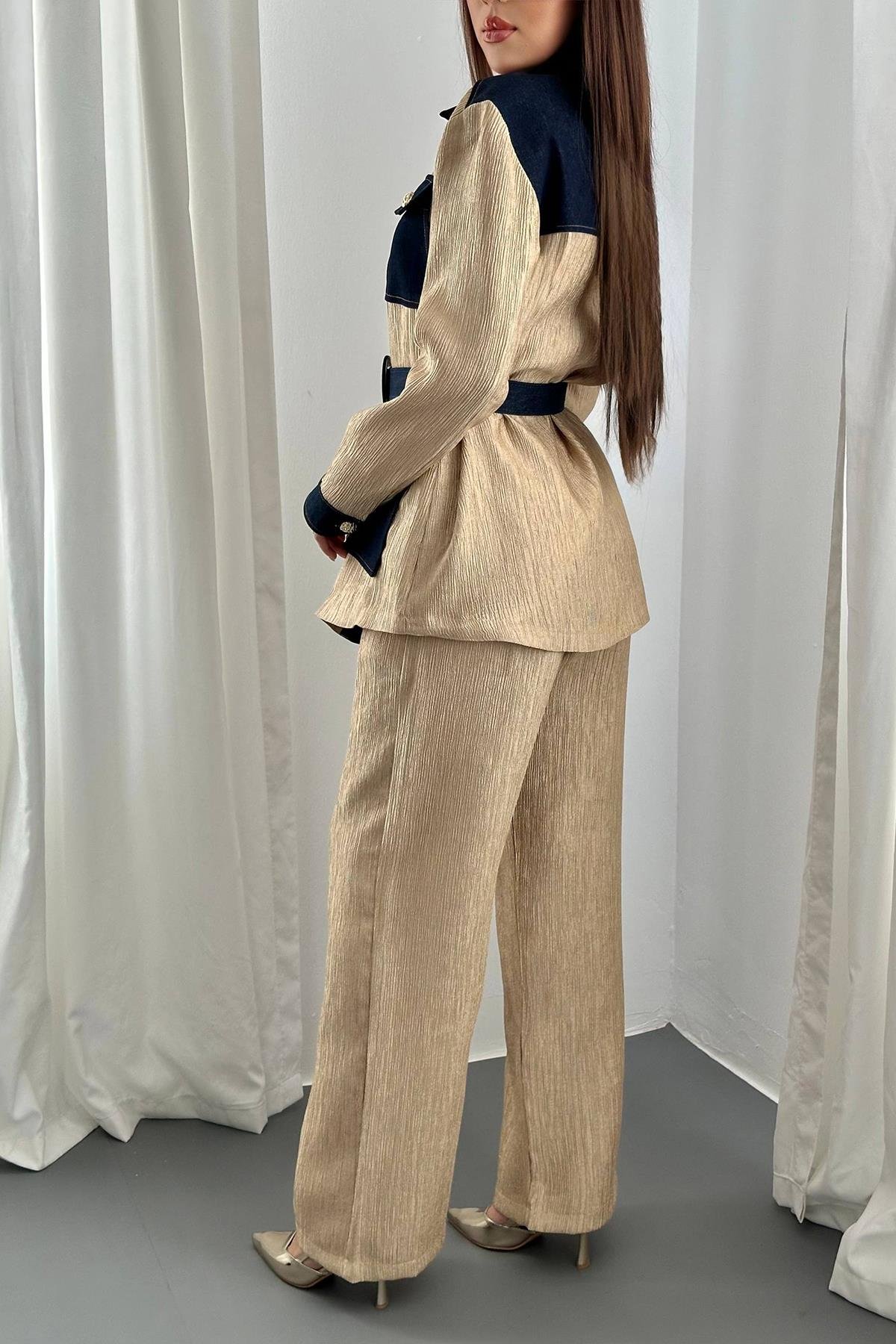 Toptan Sarı Garnili Cepli Gömlek ve Pantolon Takım