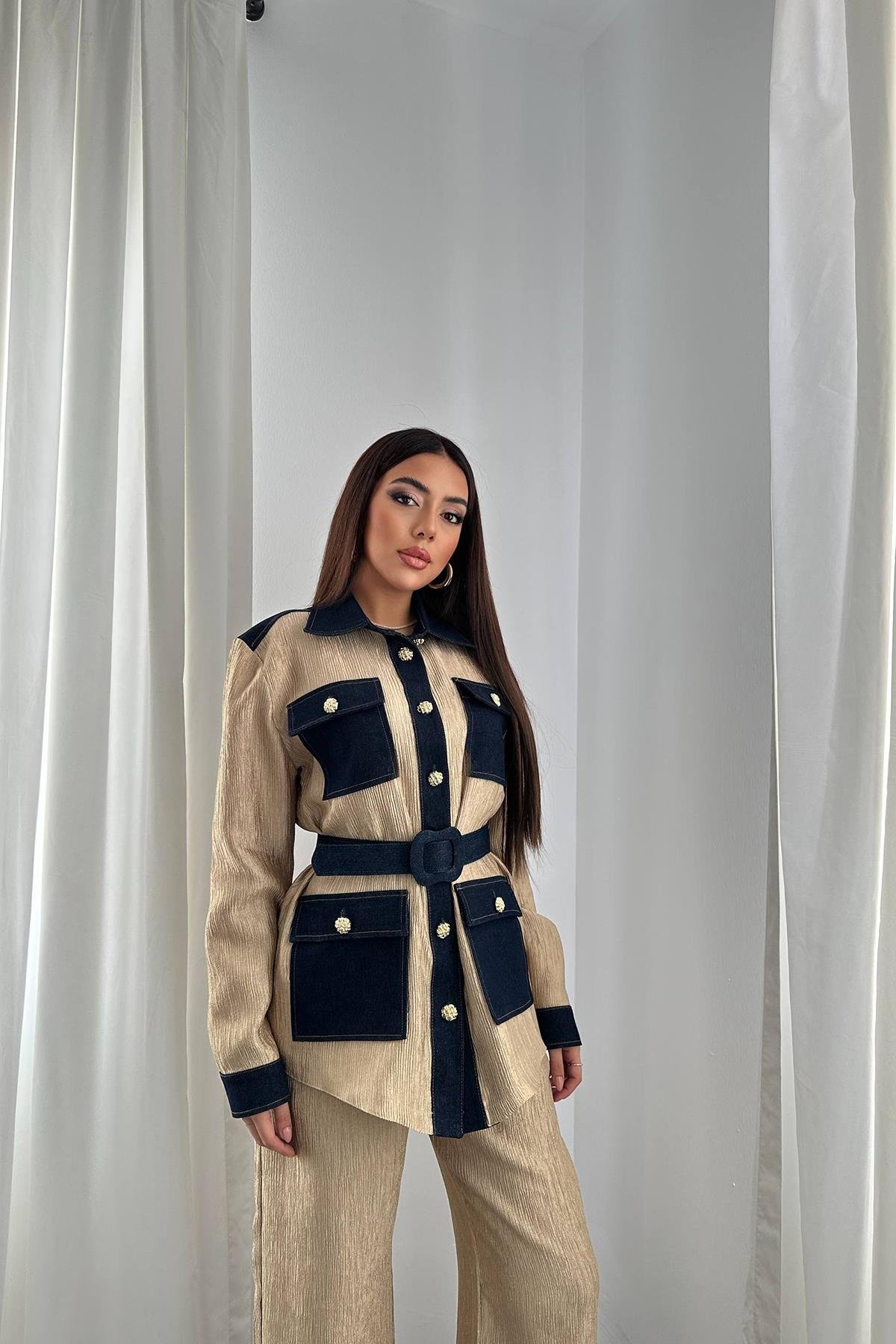 Toptan Sarı Garnili Cepli Gömlek ve Pantolon Takım