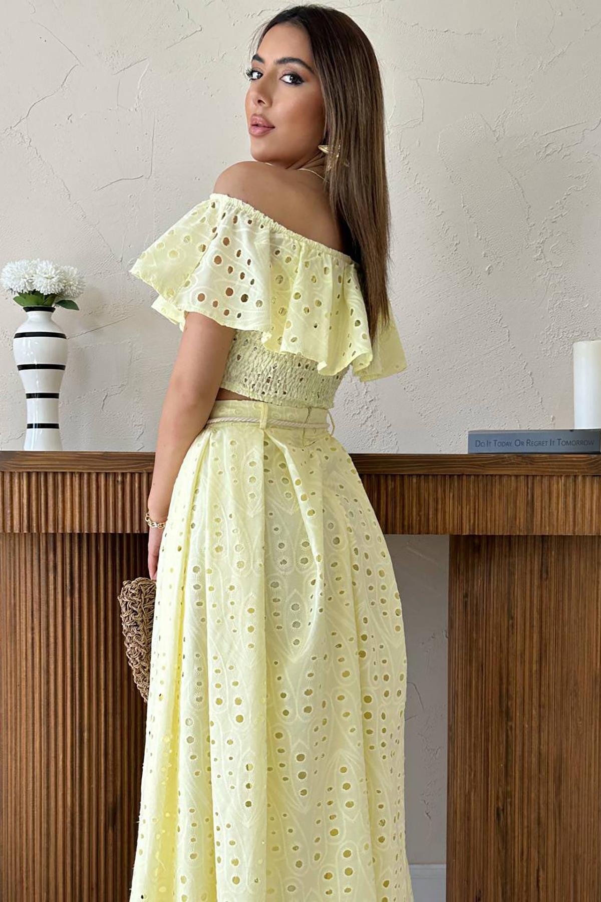 Toptan Sarı Gipeli Bluz Etek Takım