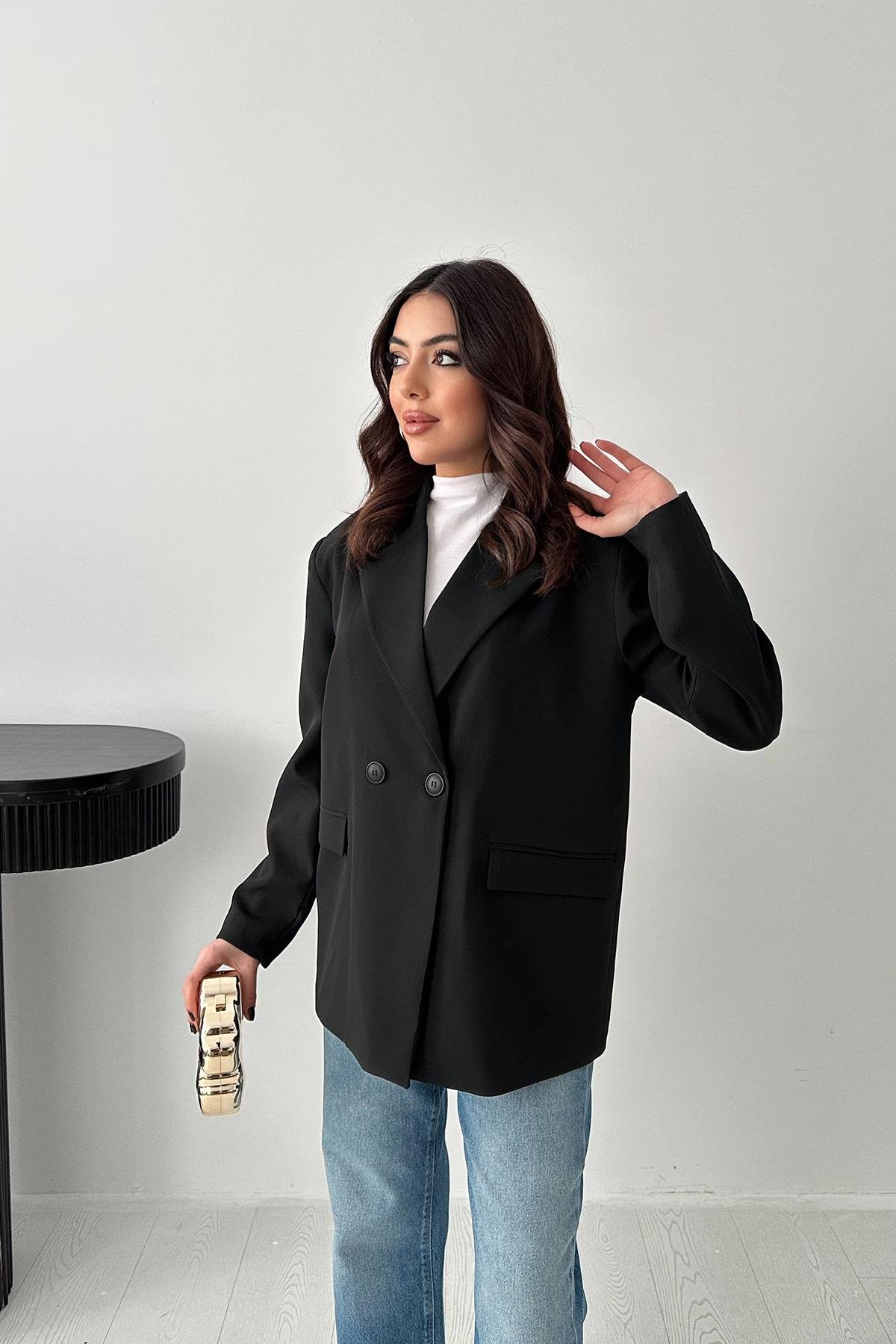 Toptan Siyah 2 Düğmeli Blazer Ceket