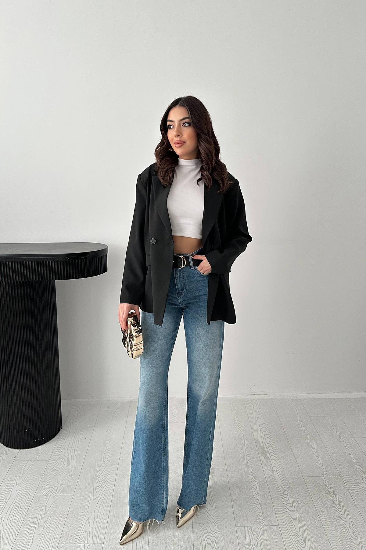 Toptan Siyah 2 Düğmeli Blazer Ceket