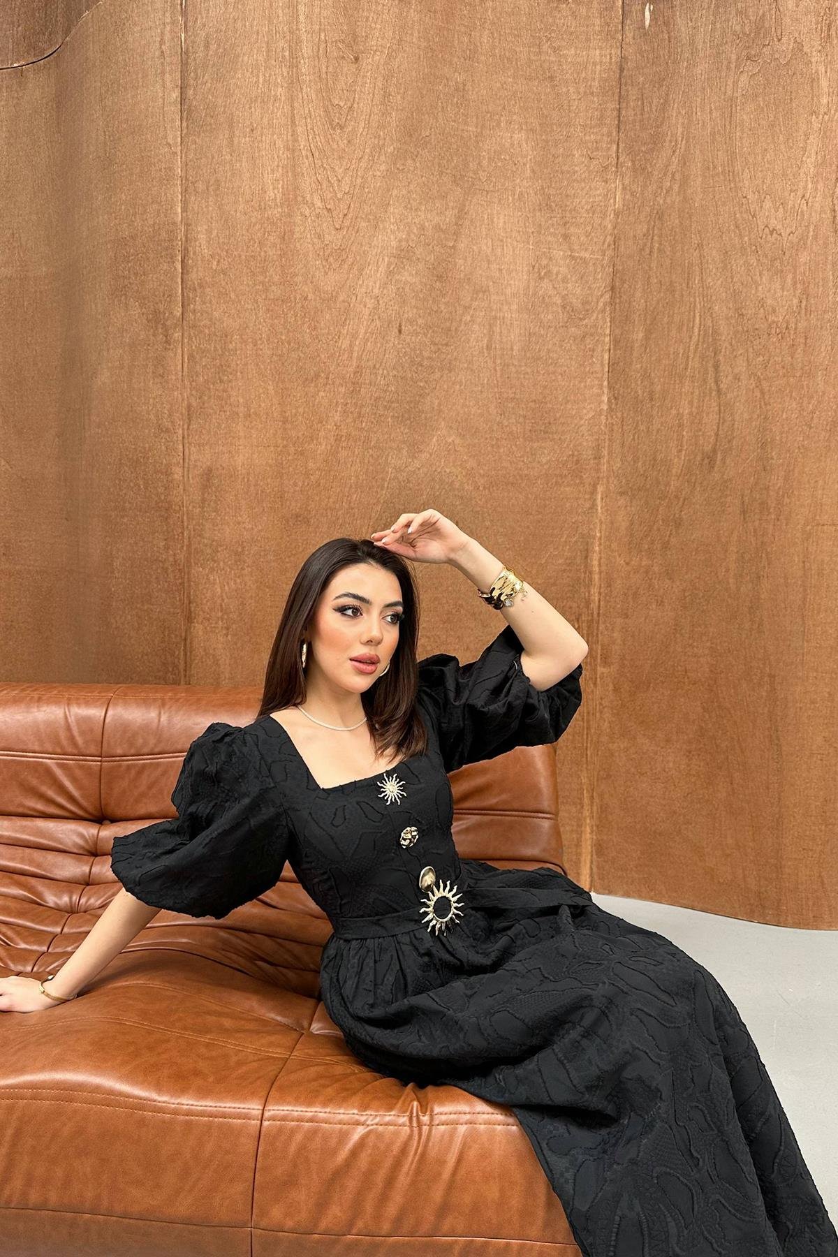 Toptan Siyah Balon Kol Üç Düğmeli Kemer Detaylı Elbise