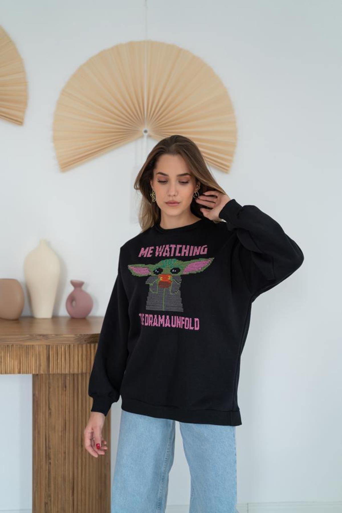 Toptan Siyah Baskılı Sweatshirt