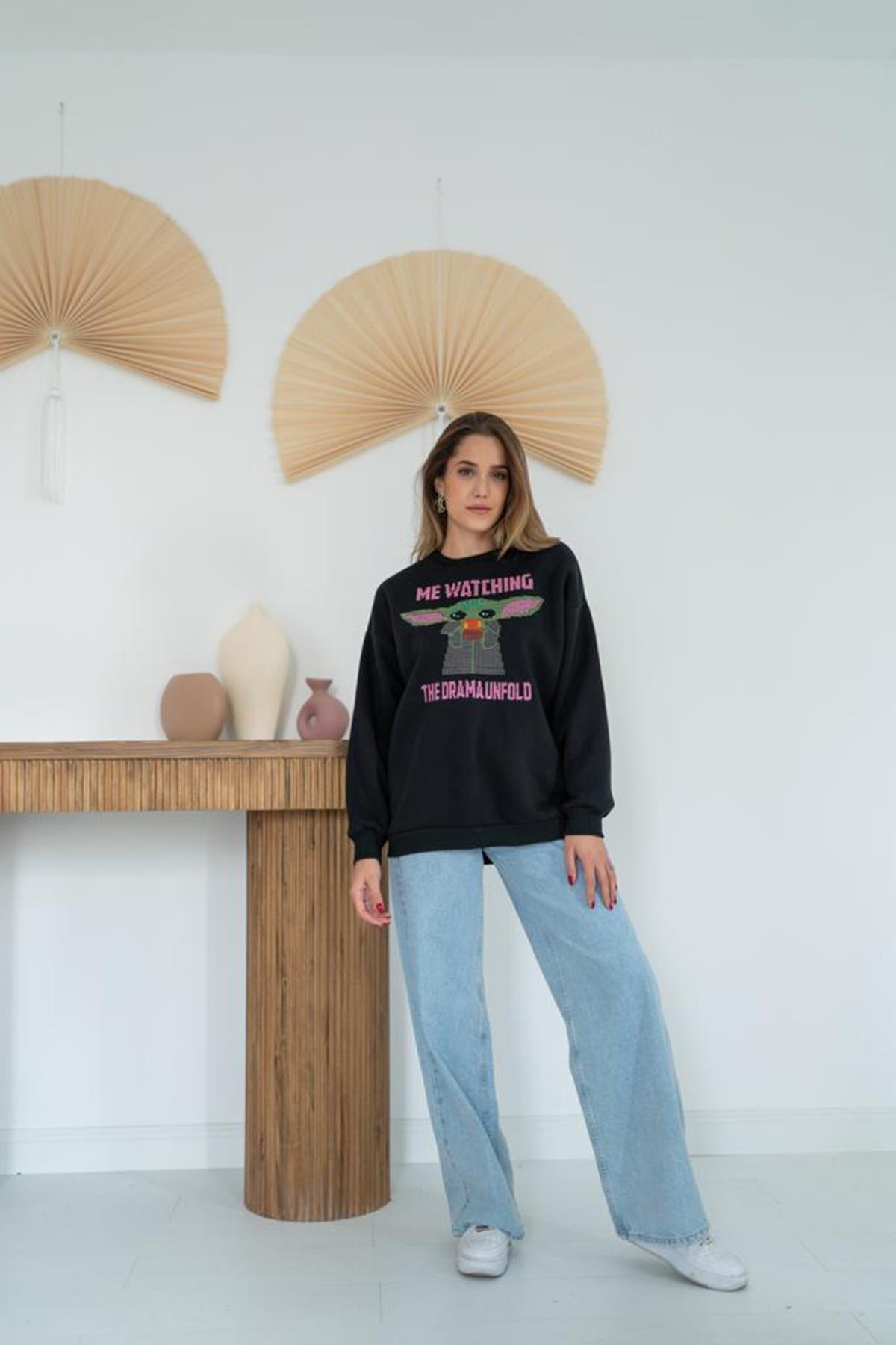 Toptan Siyah Baskılı Sweatshirt