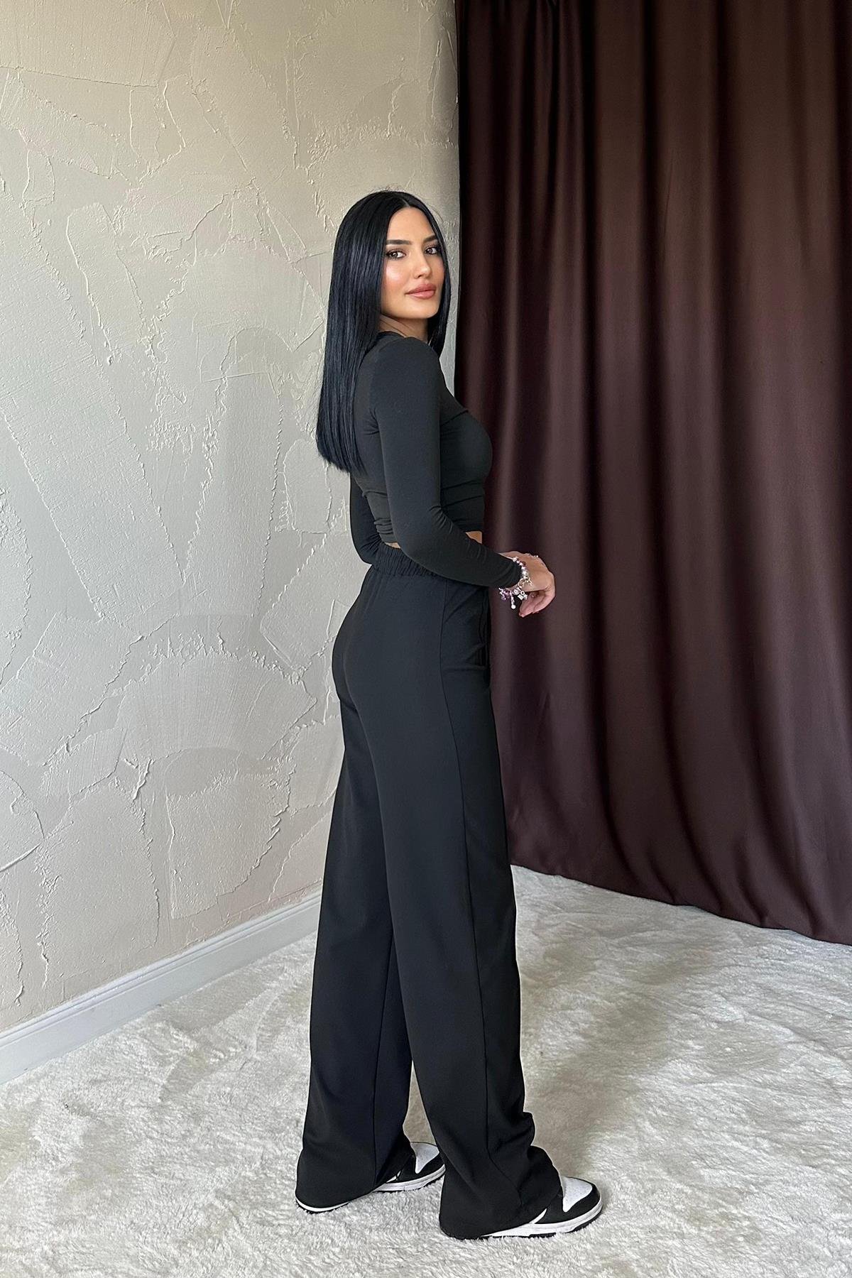 Siyah Bel Büzgülü Pantolon