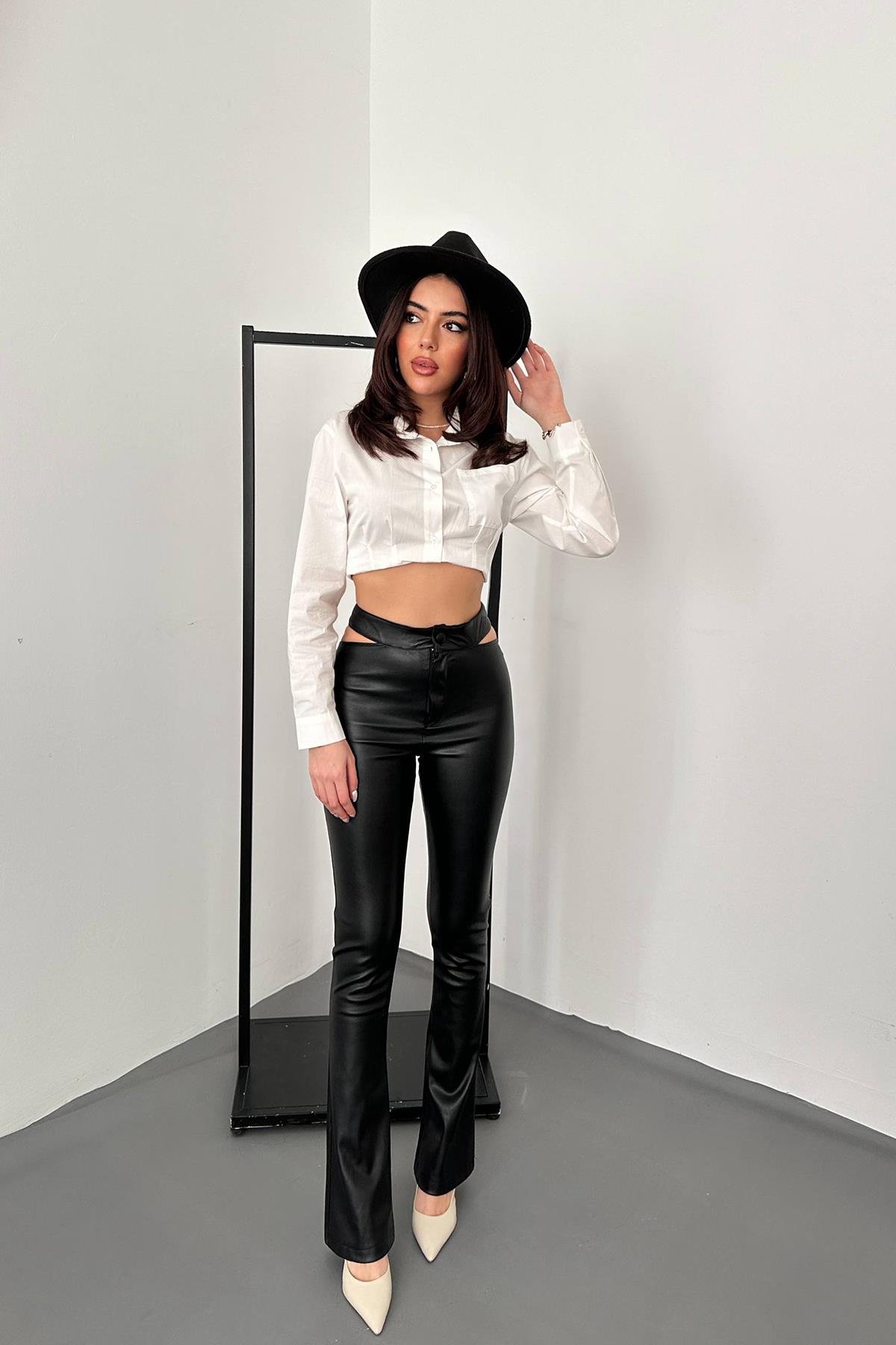 Toptan Siyah Bel Detaylı Deri Pantolon