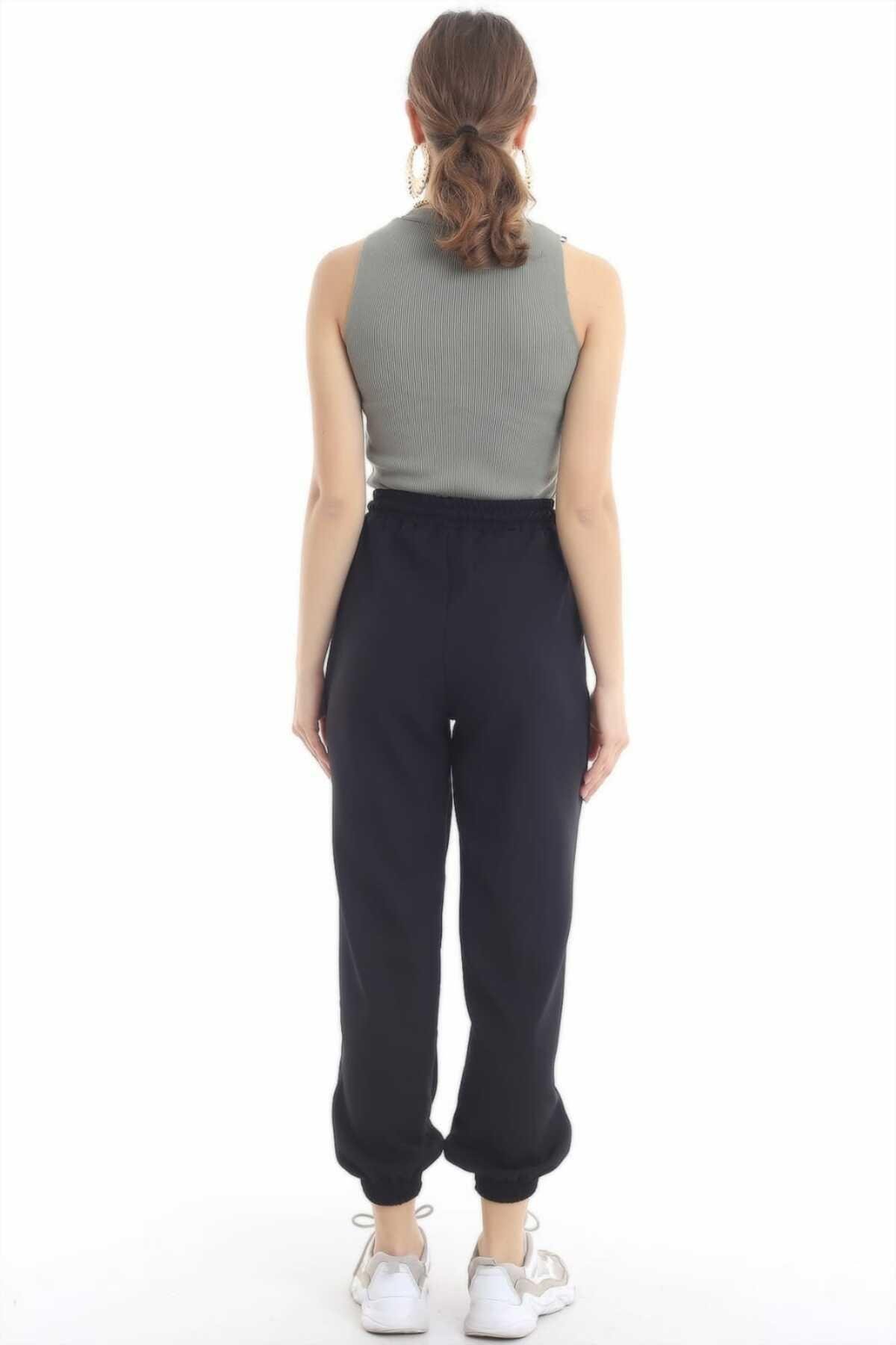 Toptan Siyah Bel ve Paça Lastik Detay Kumaş Pantolon