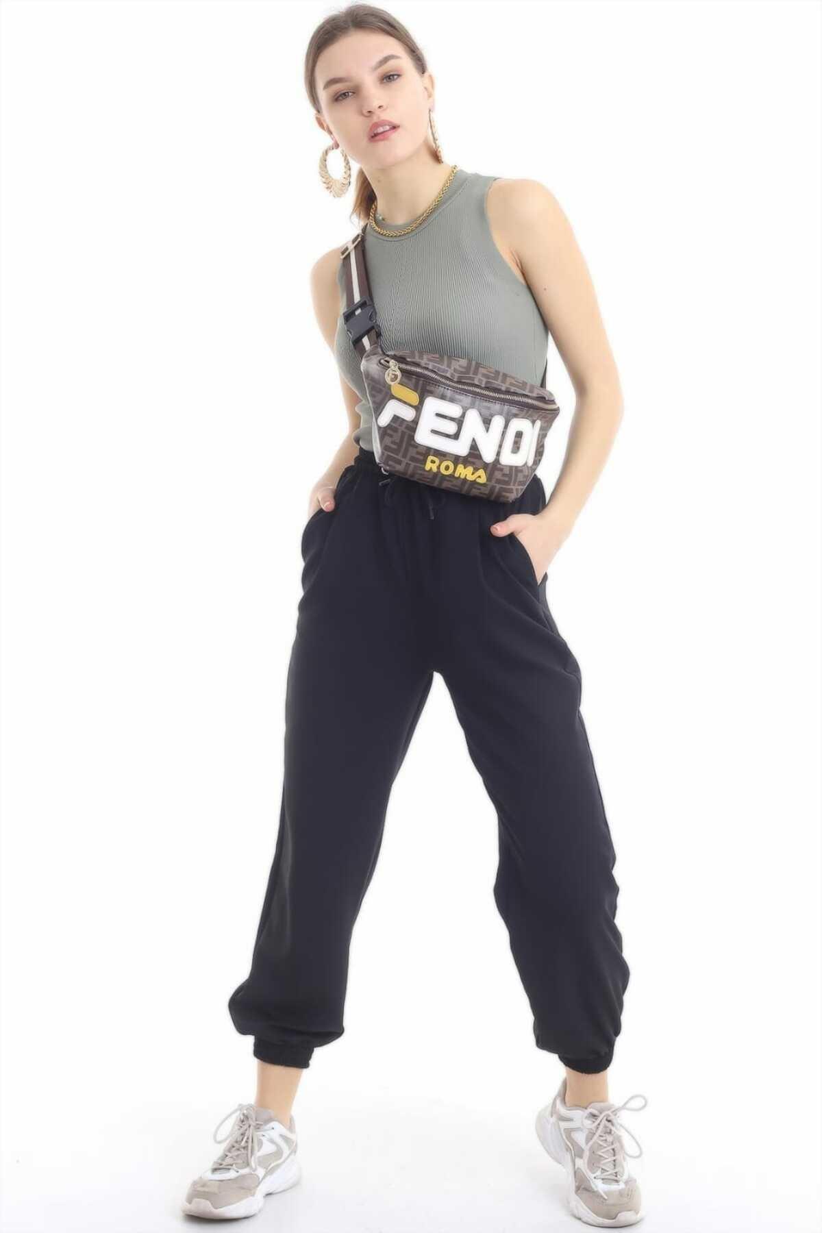 Toptan Siyah Bel ve Paça Lastik Detay Kumaş Pantolon