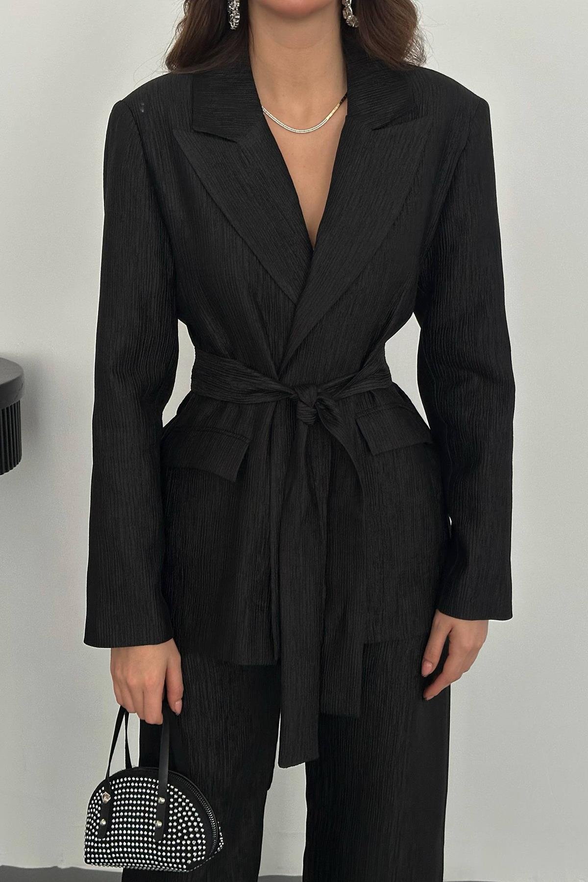 Toptan Siyah Beli Kuşaklı Ceket ve Pantolon Parlak Takım