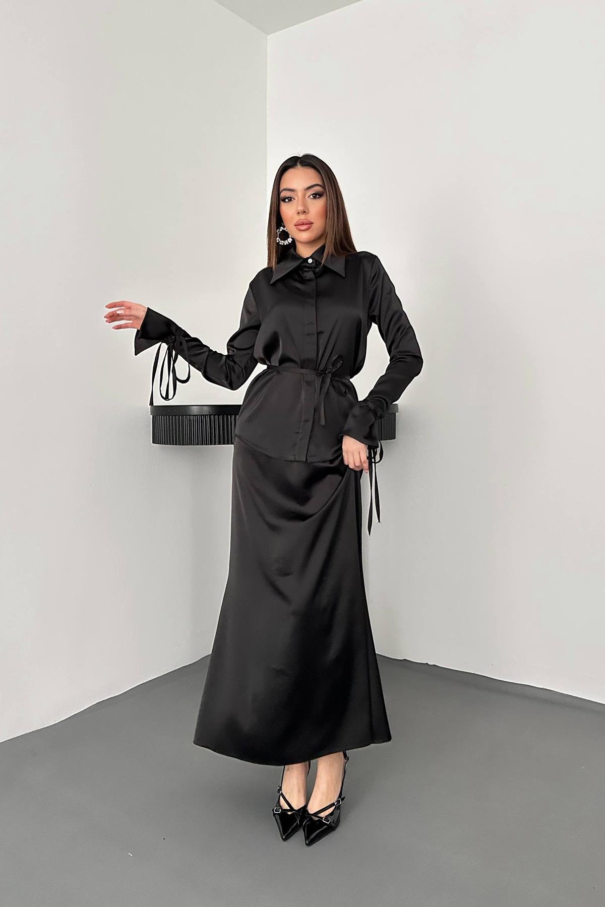 Toptan Siyah Biyeli Gömlek ve Etek Takım