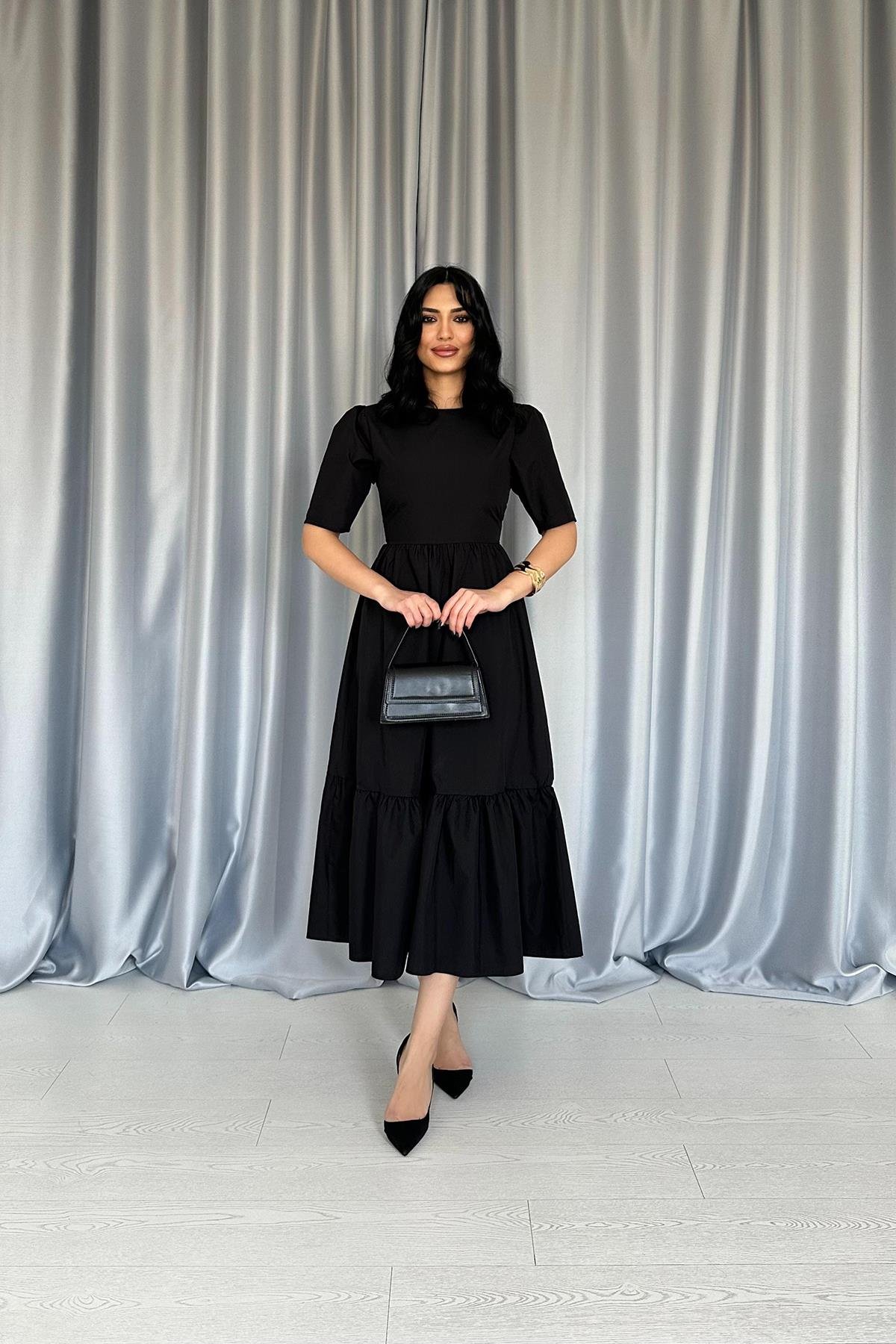 Toptan Siyah Büzgülü Uzun Elbise