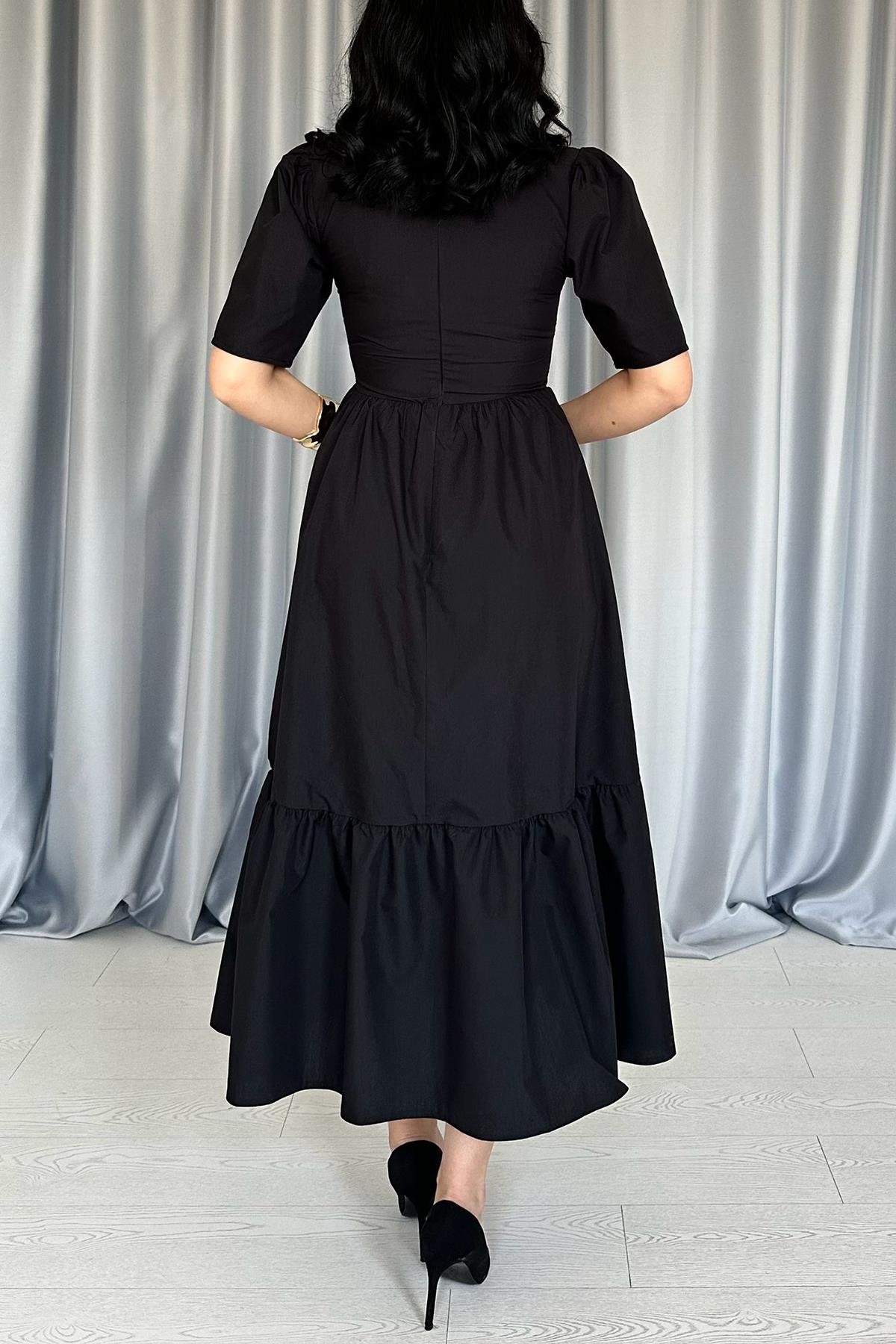 Toptan Siyah Büzgülü Uzun Elbise