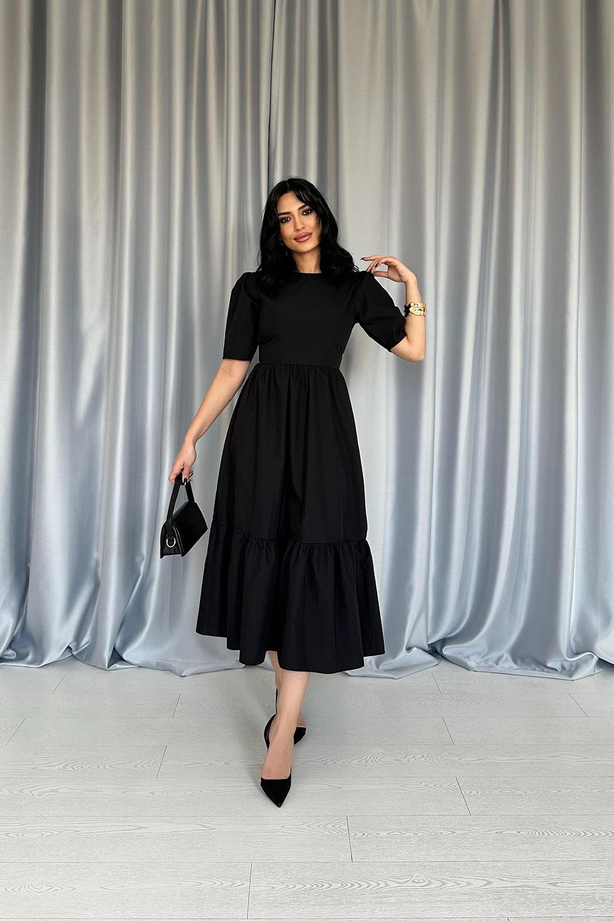 Toptan Siyah Büzgülü Uzun Elbise