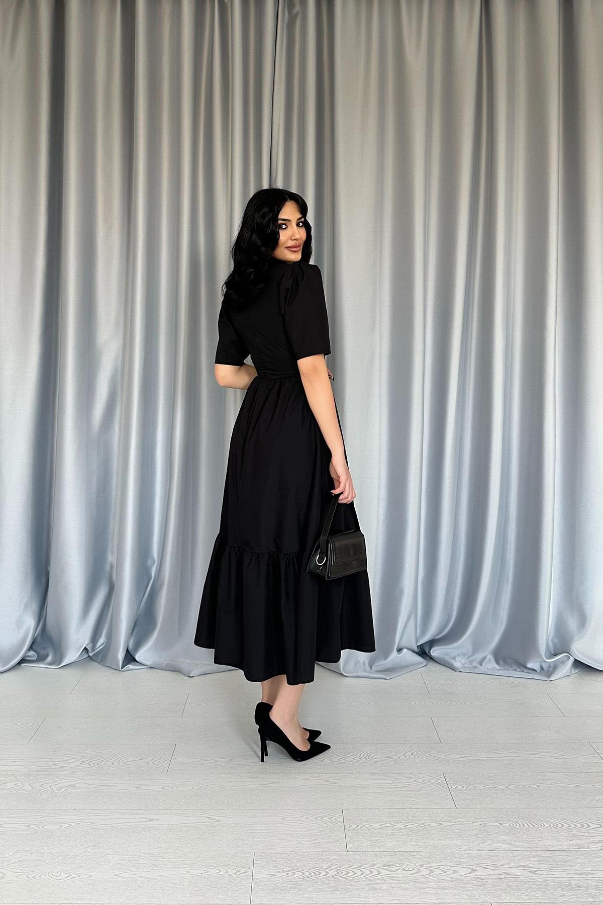 Toptan Siyah Büzgülü Uzun Elbise