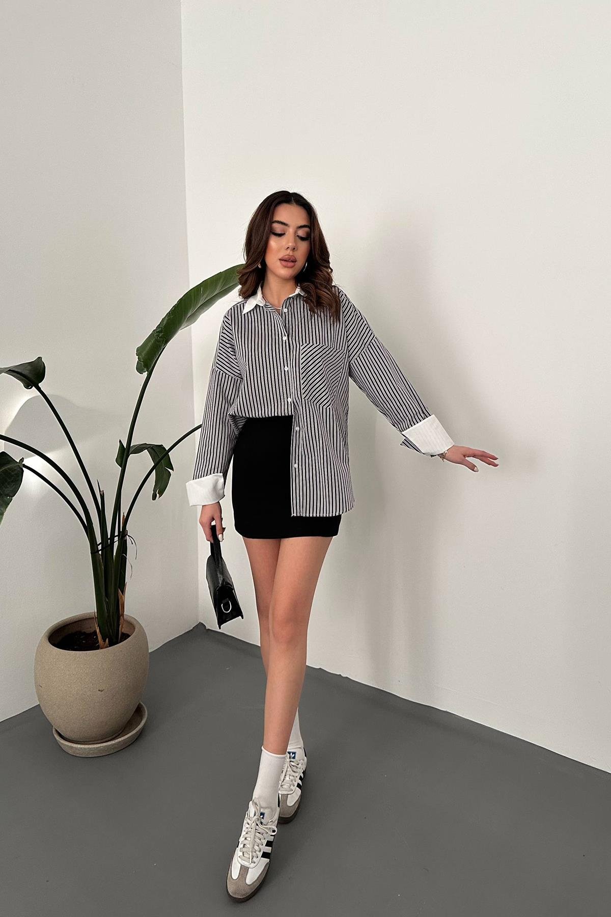 Wholesale Black Striped Poplin Long Sleeve Shirt