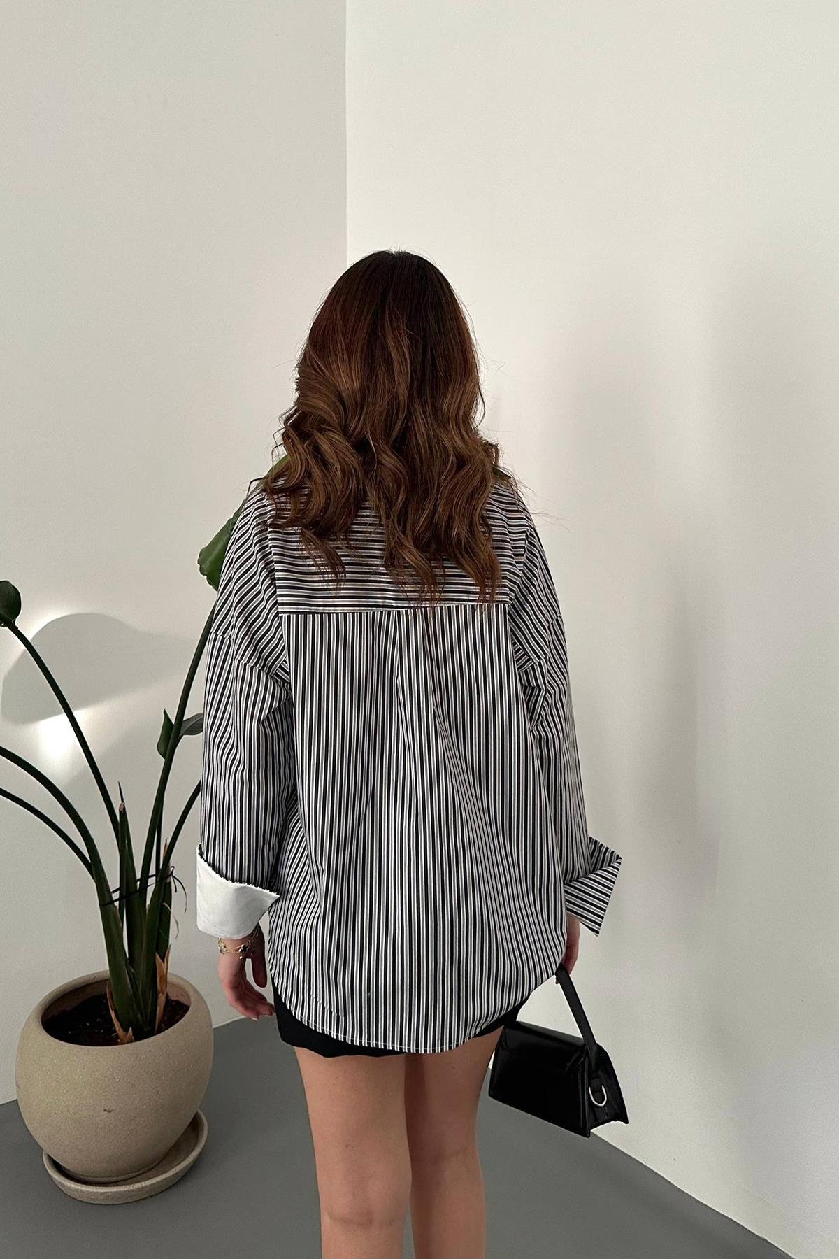 Wholesale Black Striped Poplin Long Sleeve Shirt