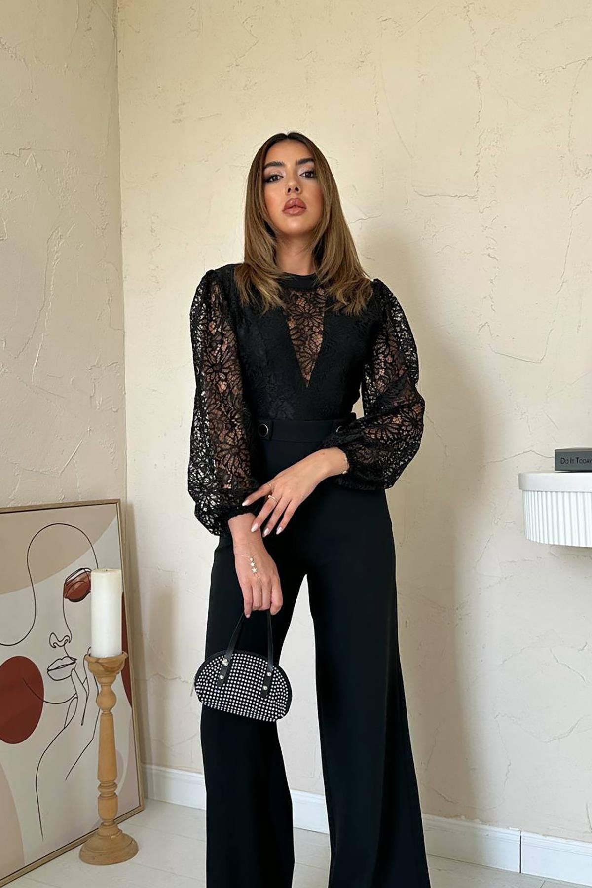 Toptan Siyah Dantelli Apoletli Tulum