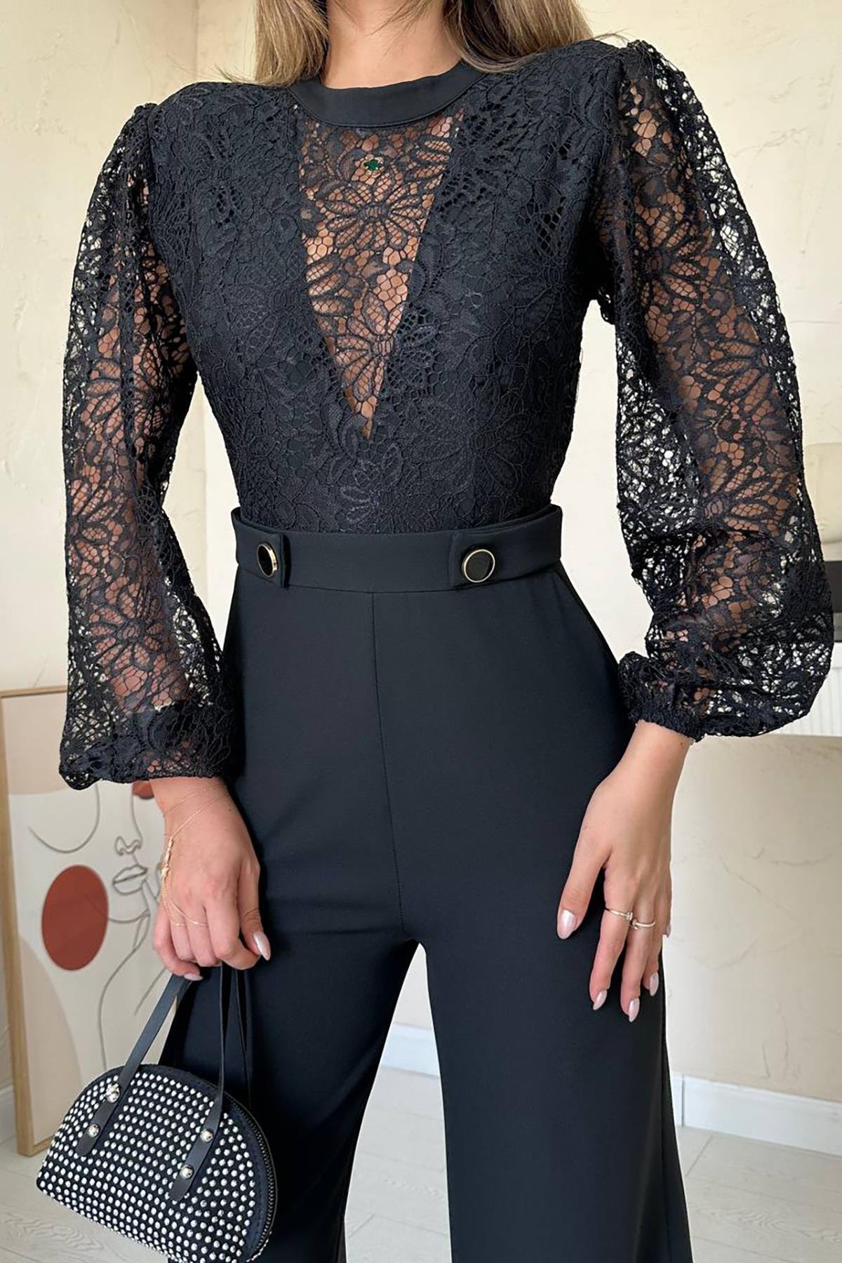 Toptan Siyah Dantelli Apoletli Tulum