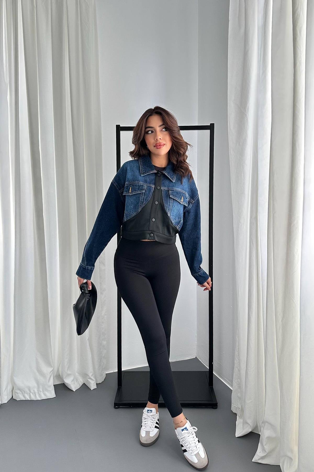 Toptan Siyah Denim Scuba Garnili Ceket