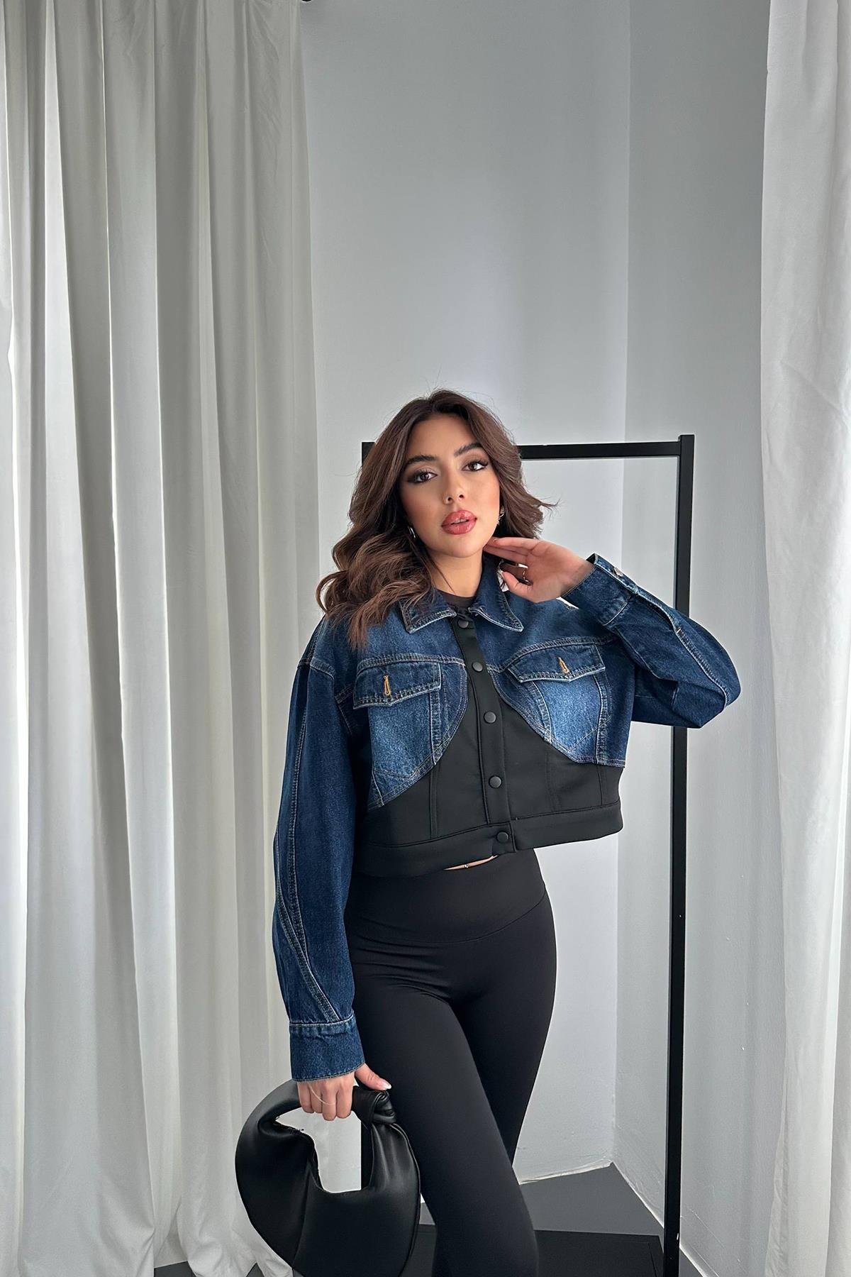 Toptan Siyah Denim Scuba Garnili Ceket