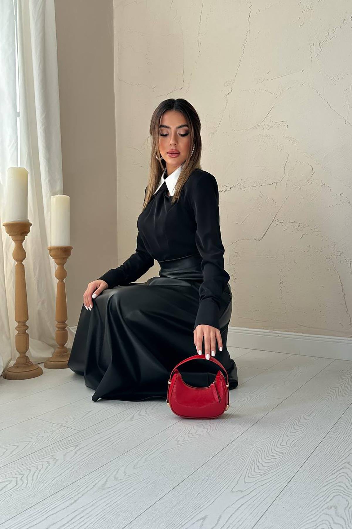 Toptan Siyah Deri Uzun Etek