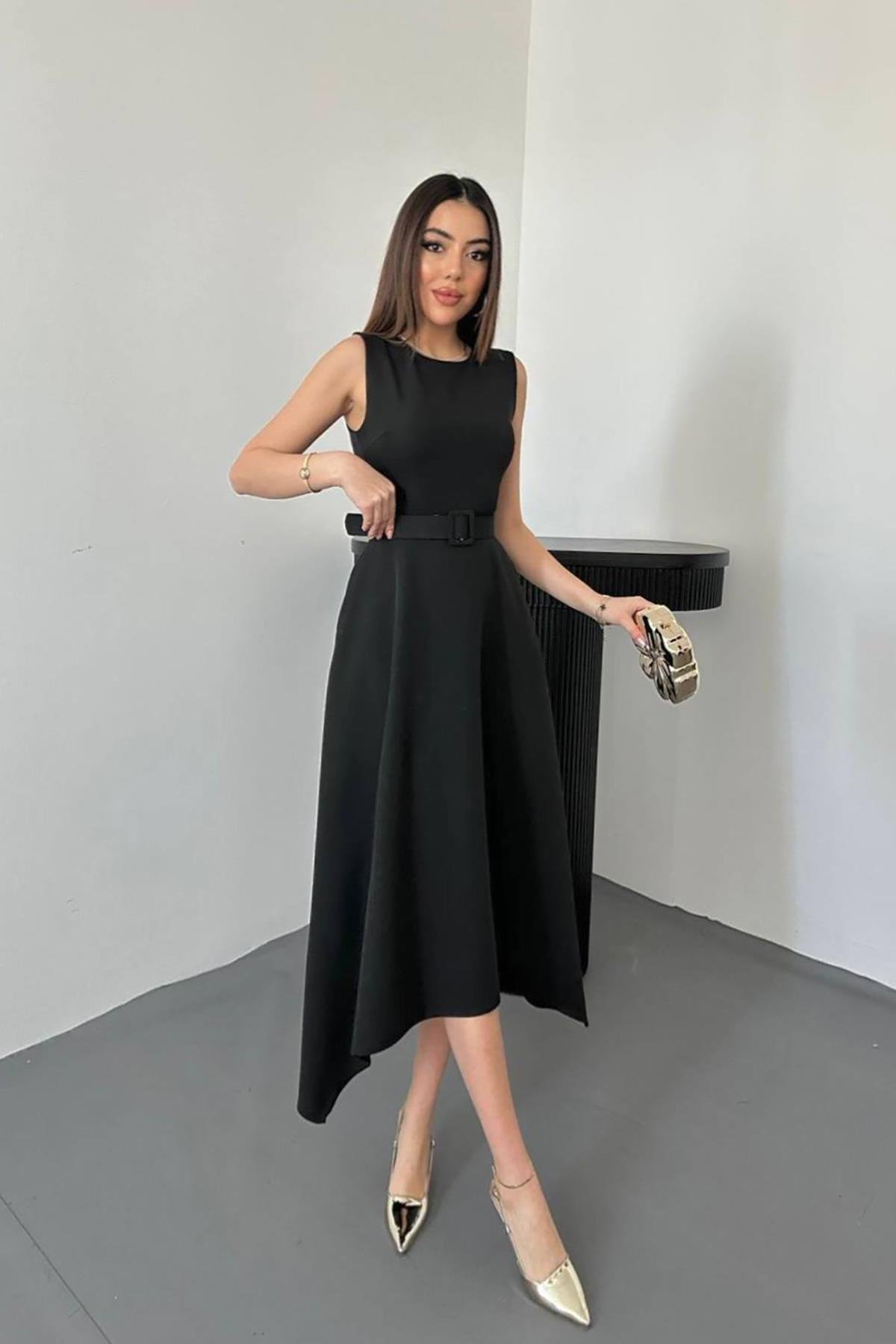 Toptan Siyah Etek Ucu Asimetrik Atlas Elbise