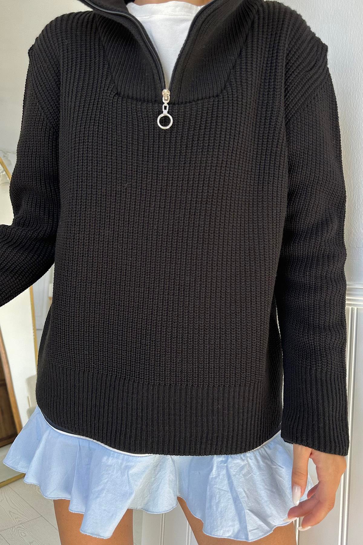 Toptan Siyah Fermuarlı ve Boğazlı Triko Kazak