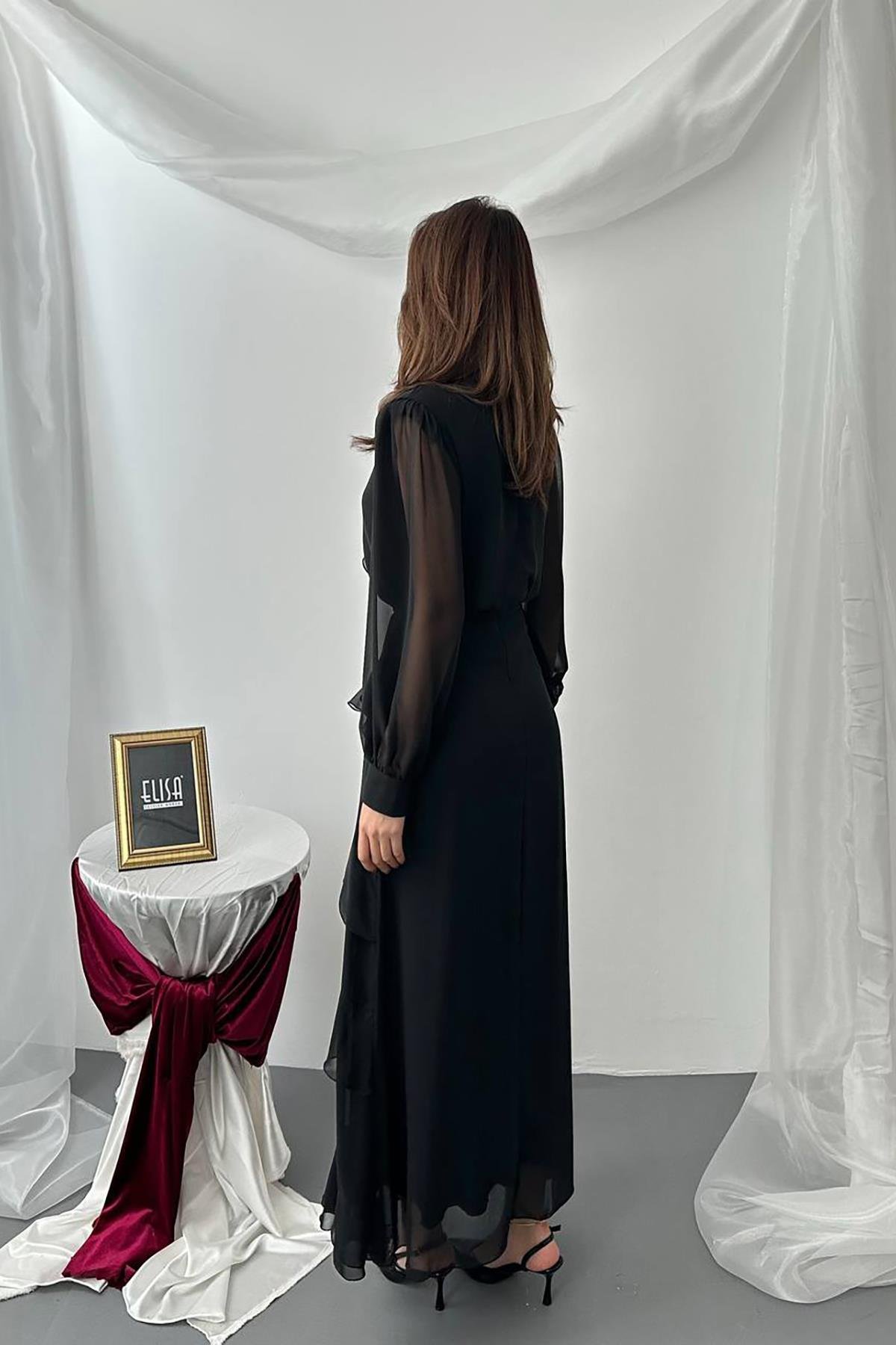 Toptan Siyah Fırfırlı Şifon Takım