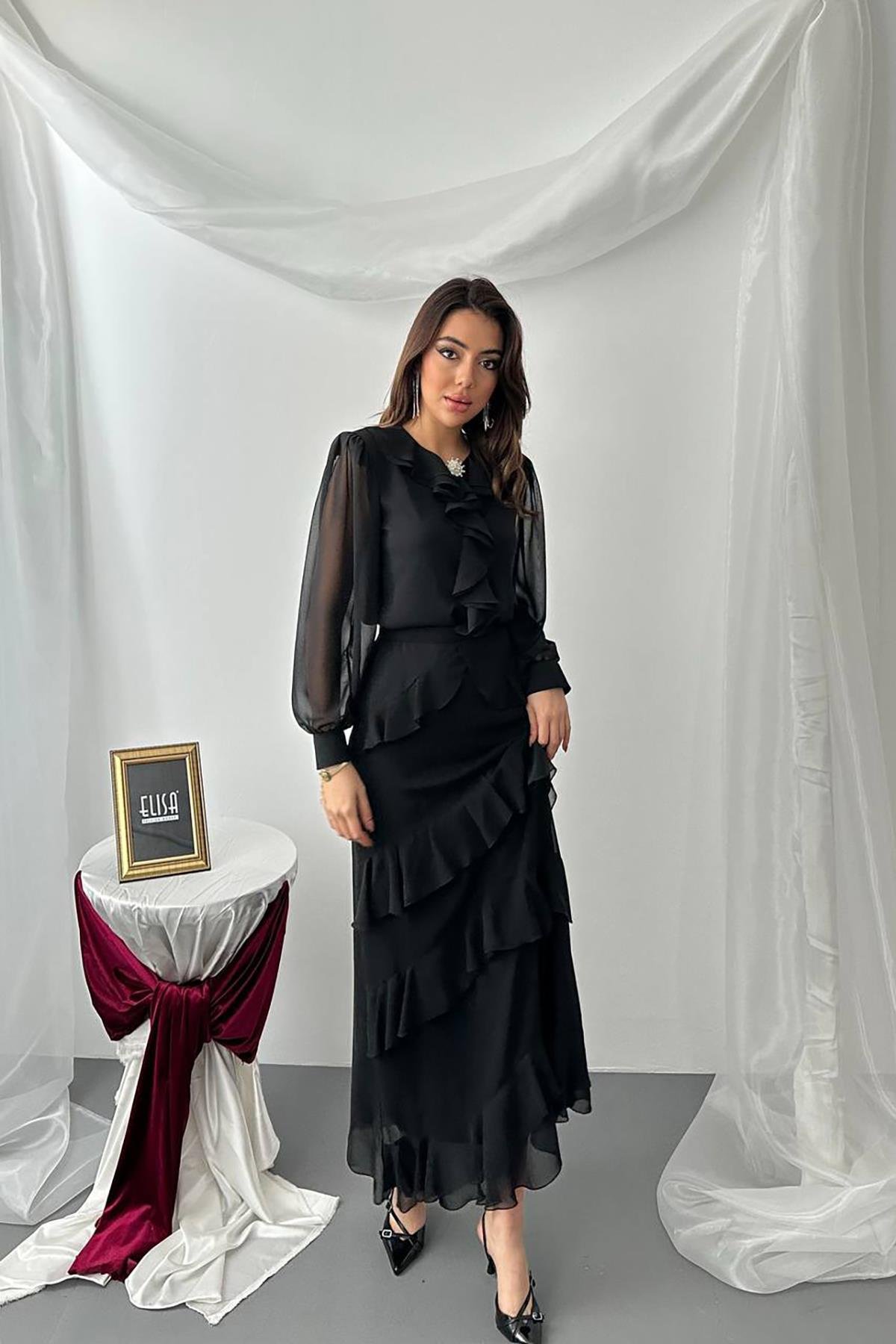 Toptan Siyah Fırfırlı Şifon Takım