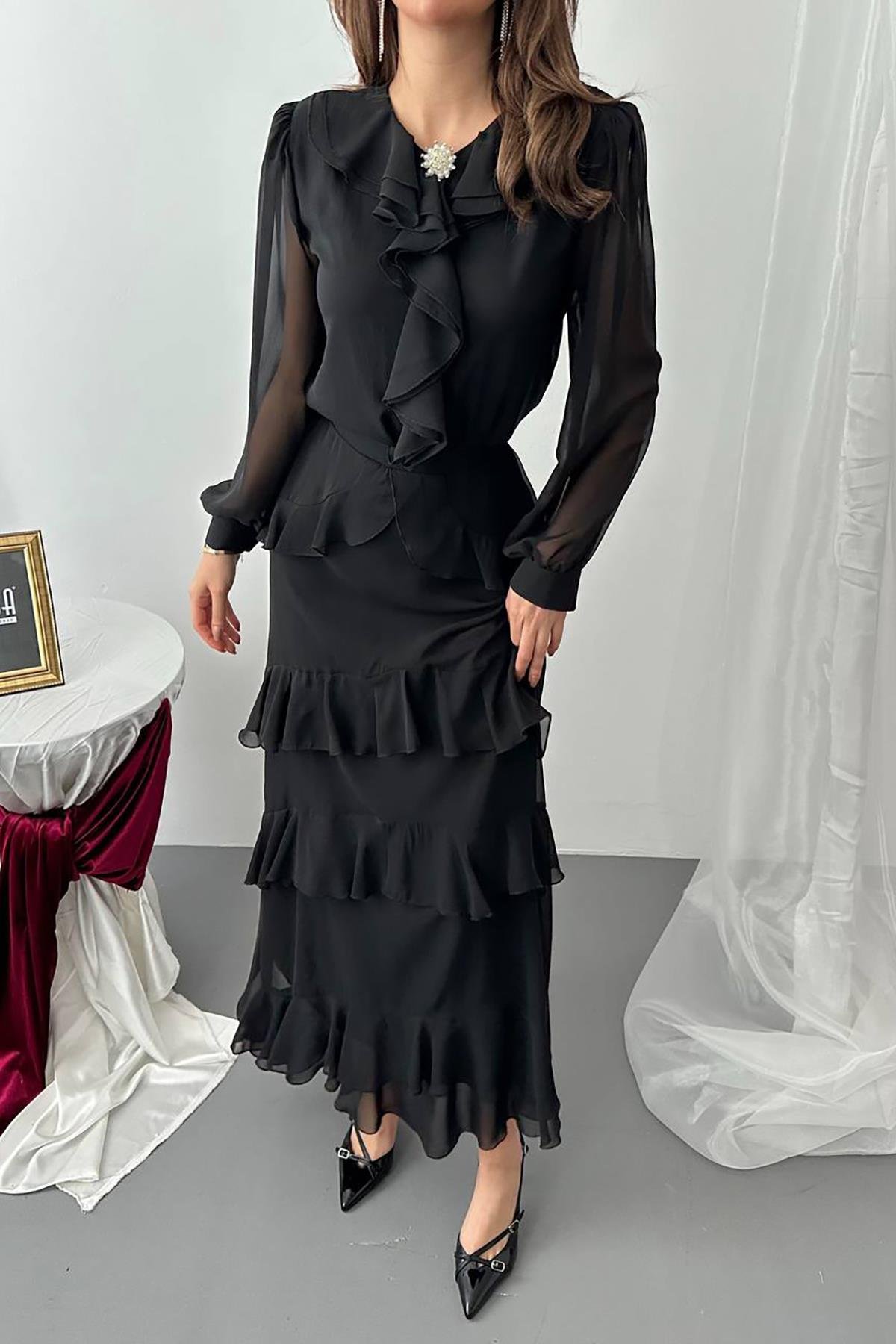 Toptan Siyah Fırfırlı Şifon Takım