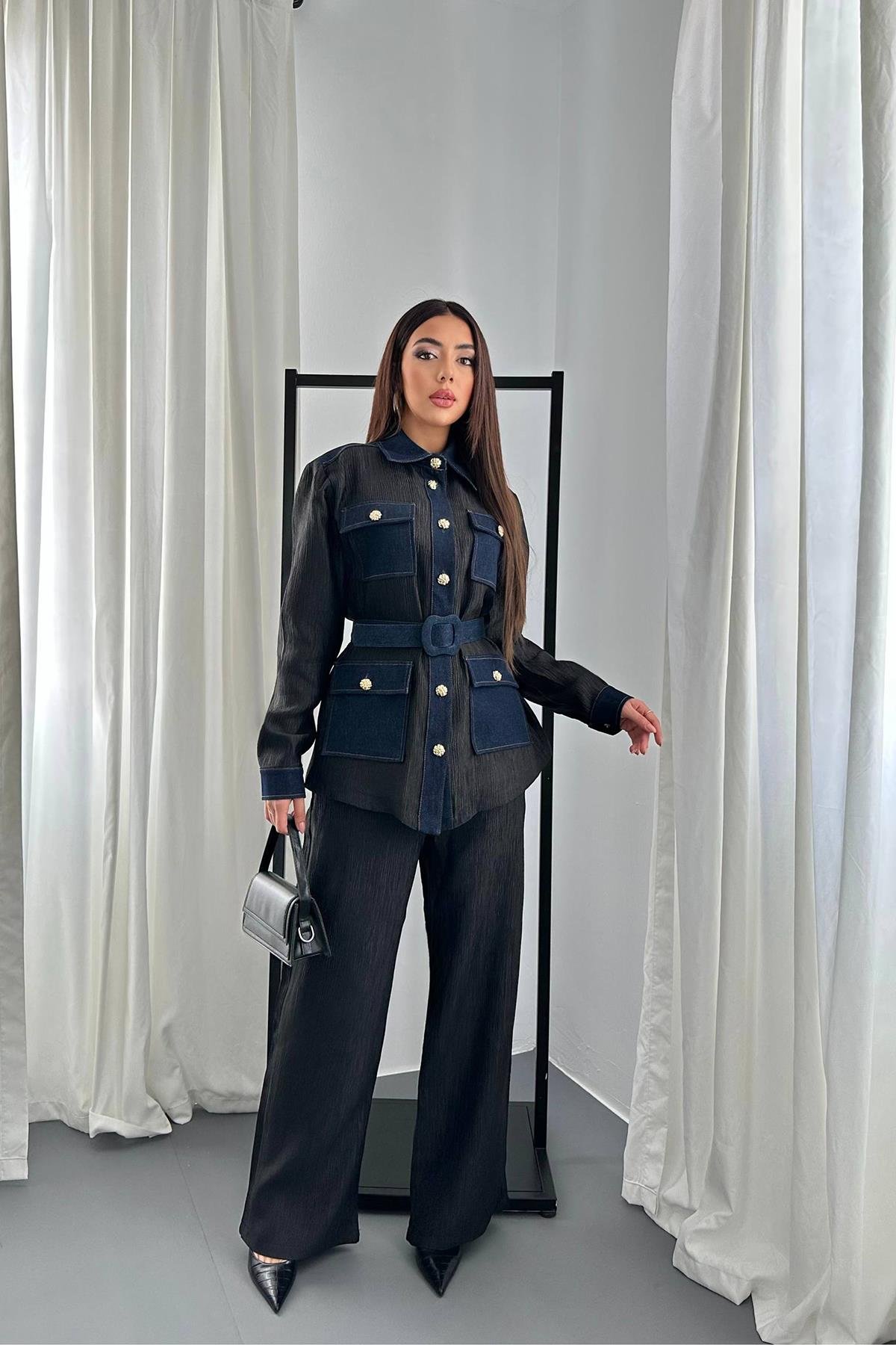 Toptan Siyah Garnili Cepli Gömlek ve Pantolon Takım