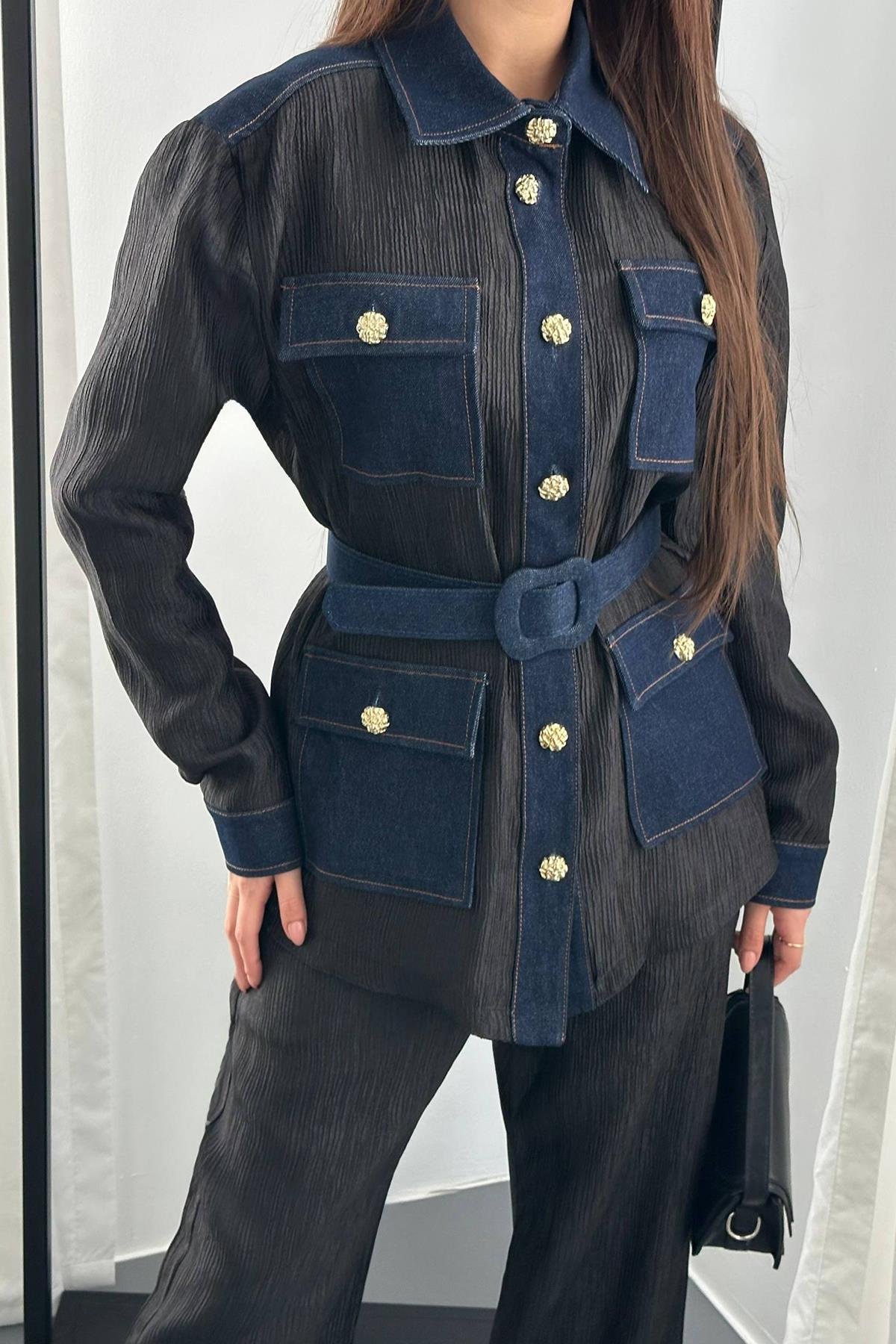 Toptan Siyah Garnili Cepli Gömlek ve Pantolon Takım