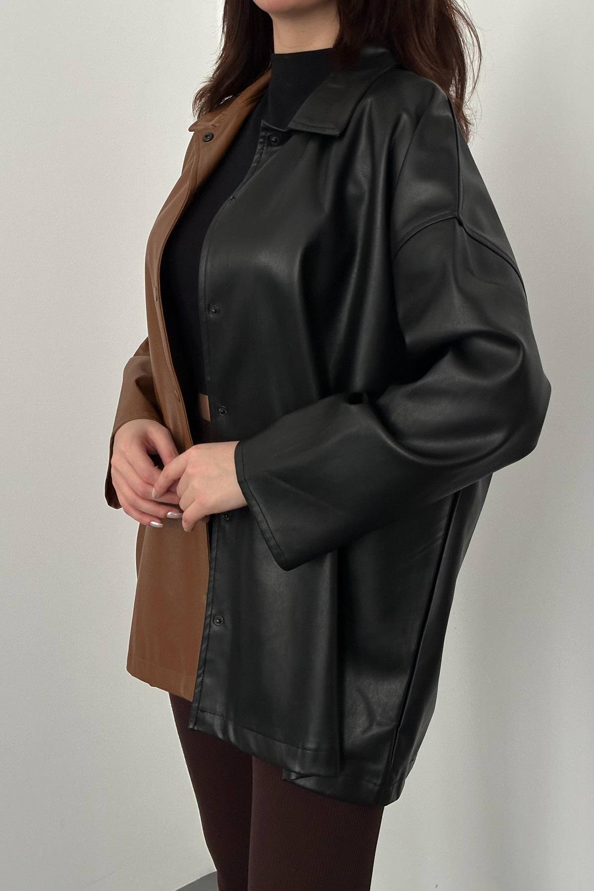 Toptan Siyah Garnili Çıtçıtlı Deri Gömlek