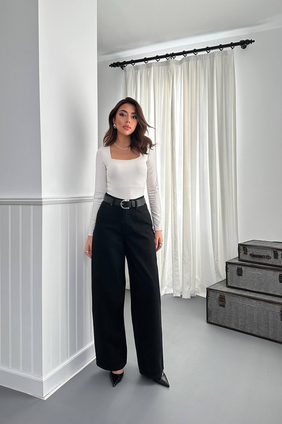 Toptan Siyah Geniş Paça Jeans Pantolon