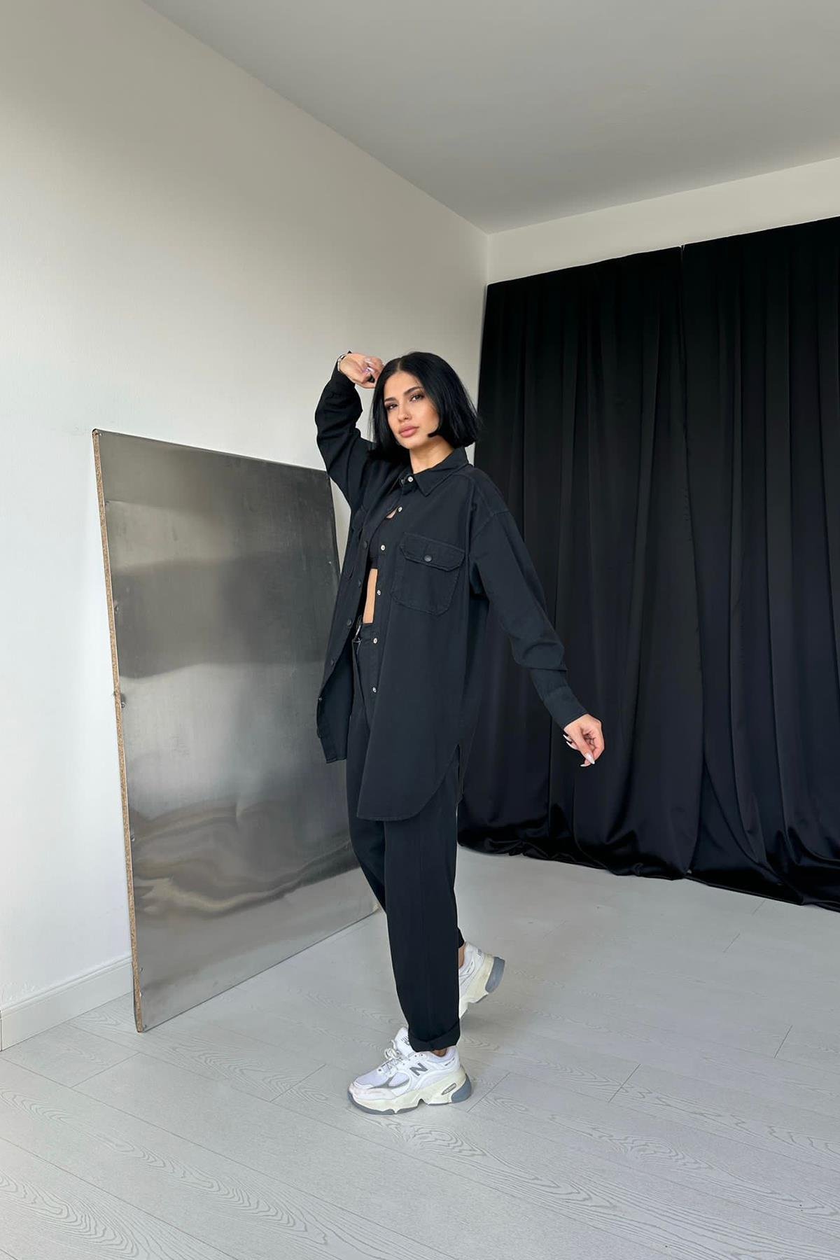 طقم قميص أسود وبنطلون بزر كبس للبيع بالجملة