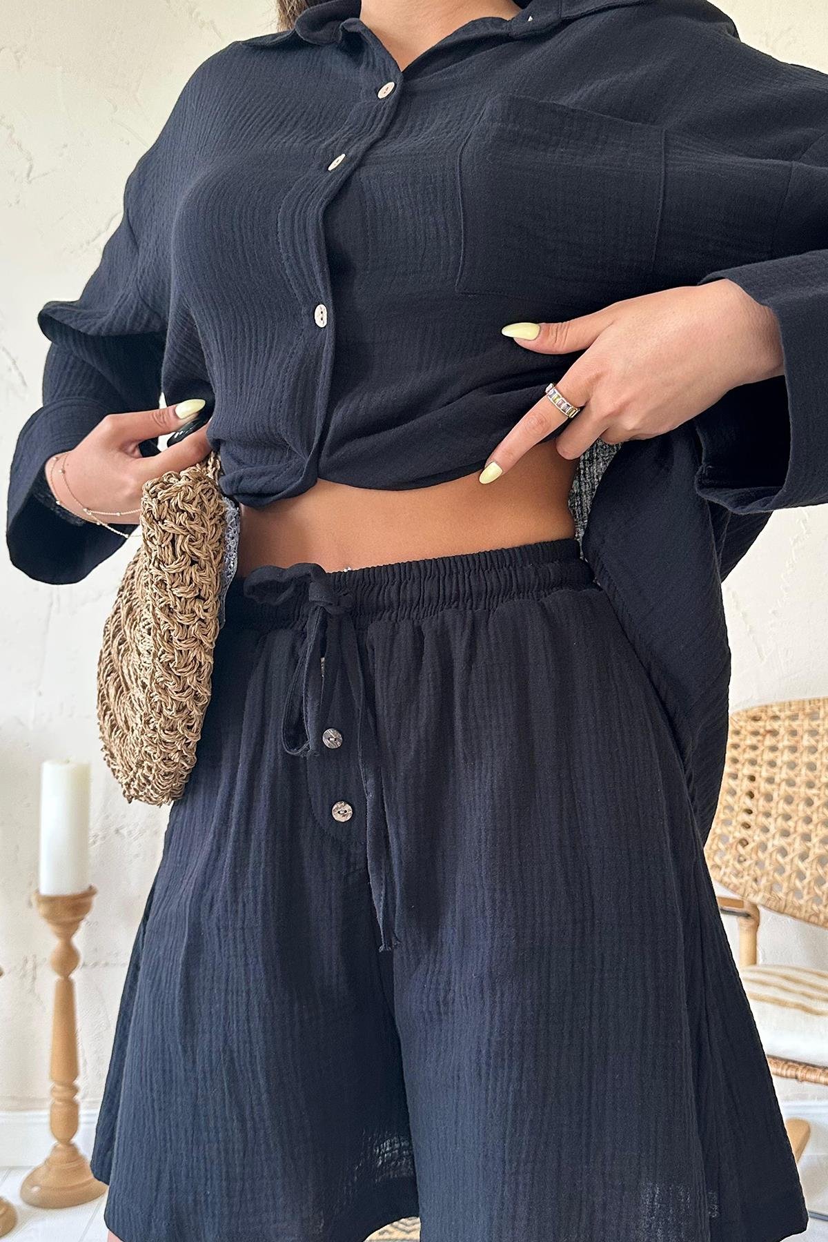 Toptan Siyah Gömlek ve Müslin Şort Takım