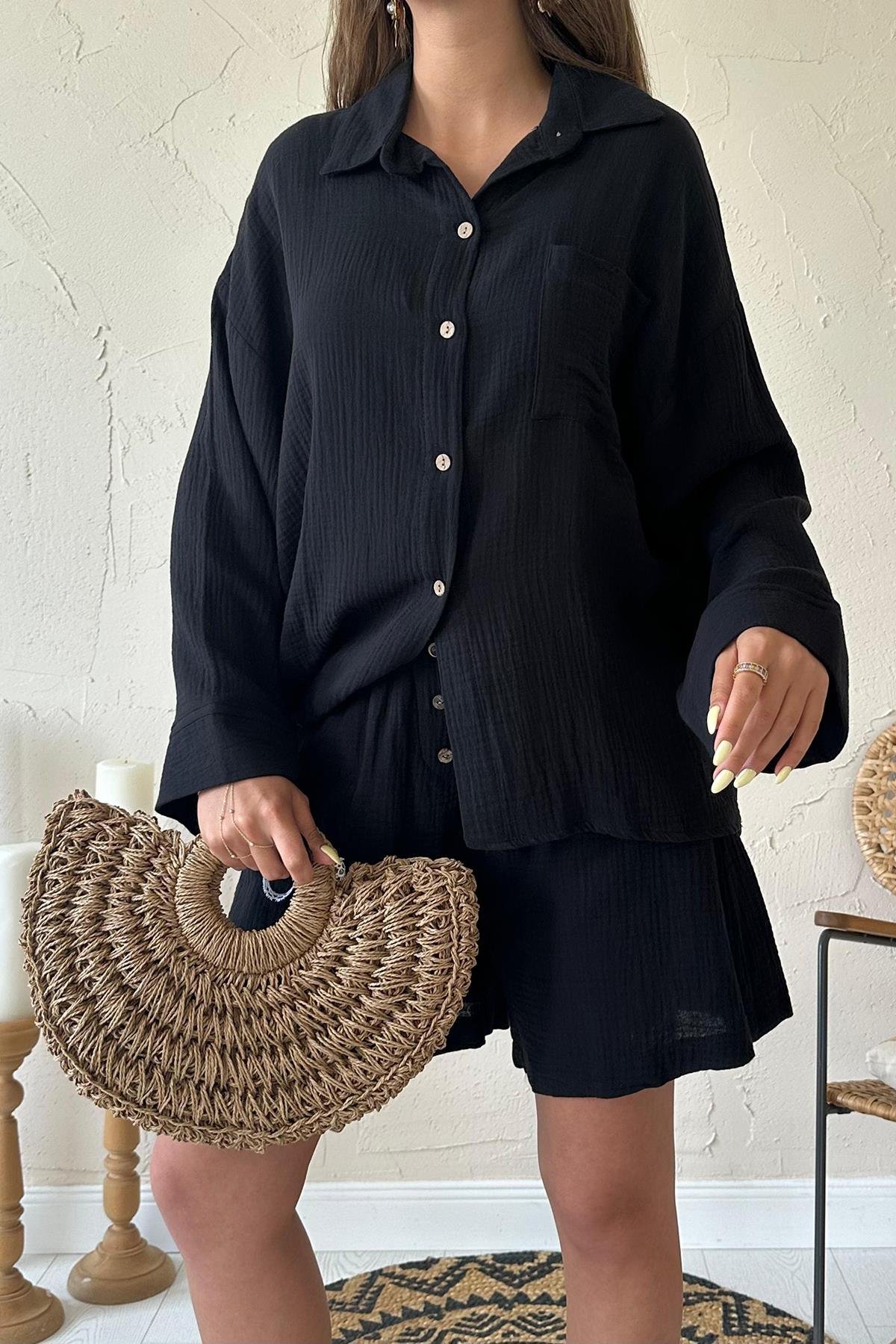 Toptan Siyah Gömlek ve Müslin Şort Takım