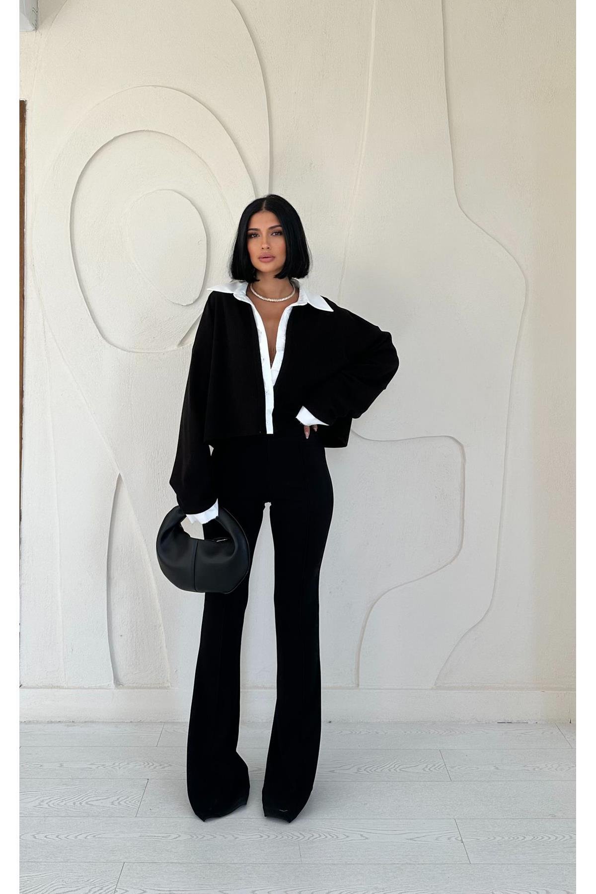 Toptan Siyah Gömlek Yakalı Bluz