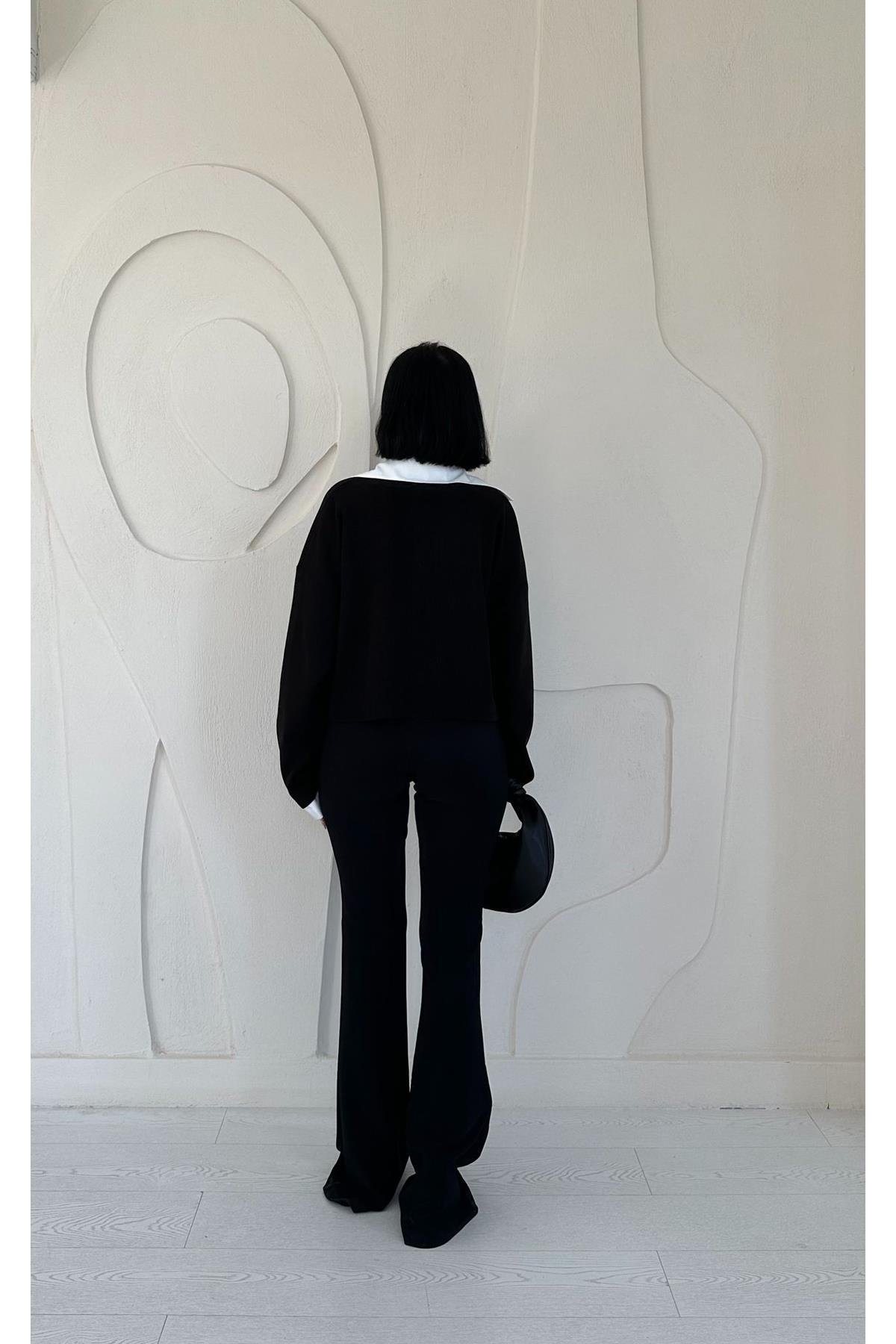 Toptan Siyah Gömlek Yakalı Bluz