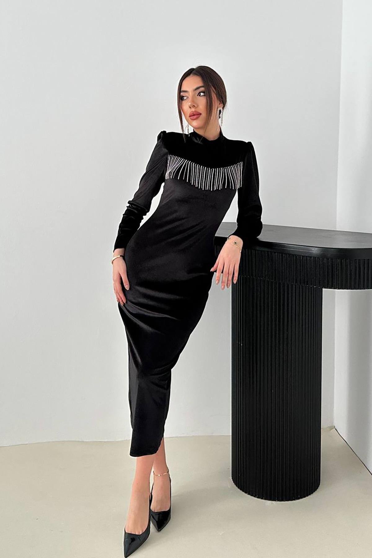 Toptan Siyah Kadife Işıltılı Elbise